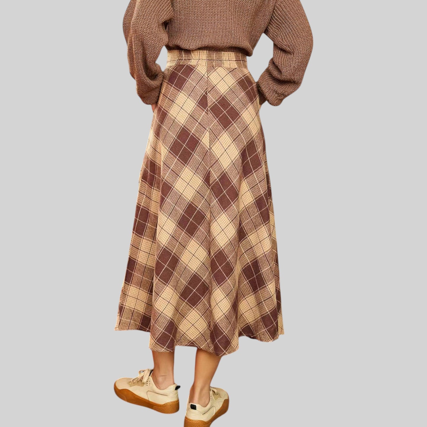Anna-Kaci Women's Plaid A-Line Midi Skirt with High Waist