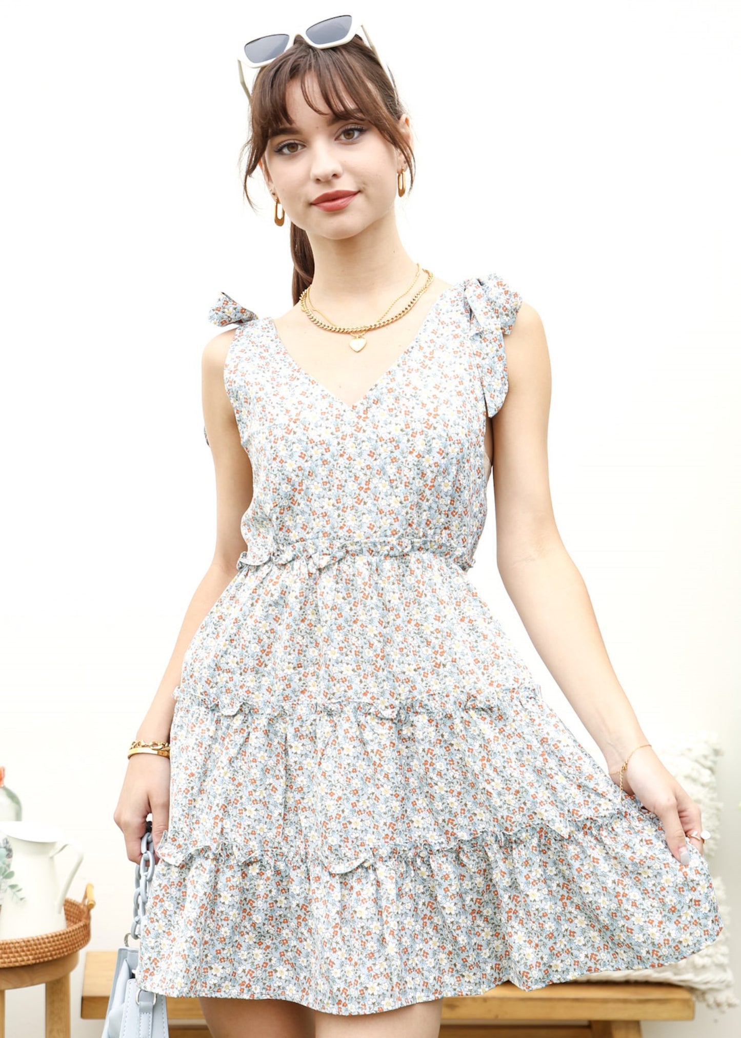 Tie Shoulder Floral Ruffle Tiered Dress
