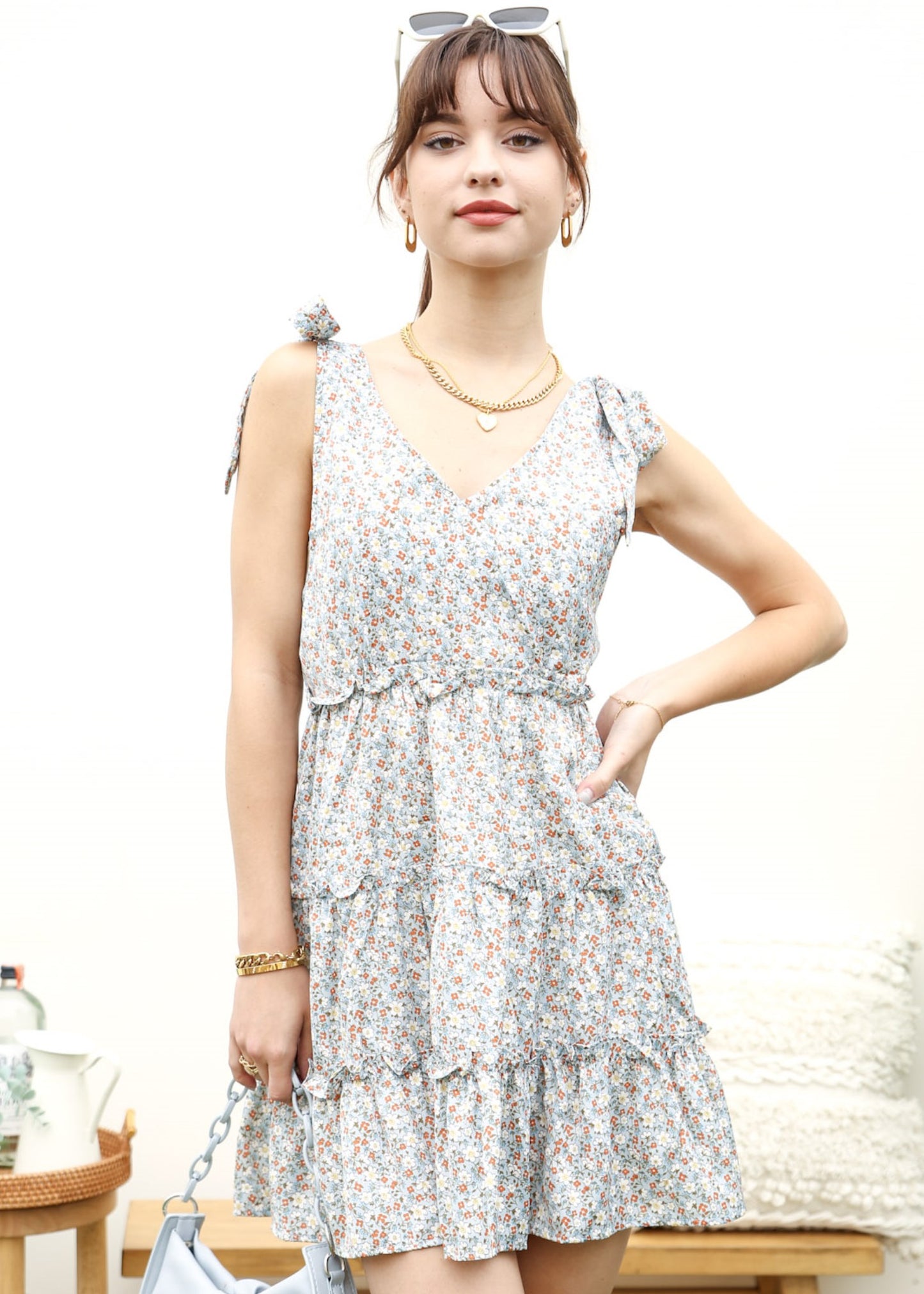 Tie Shoulder Floral Ruffle Tiered Dress