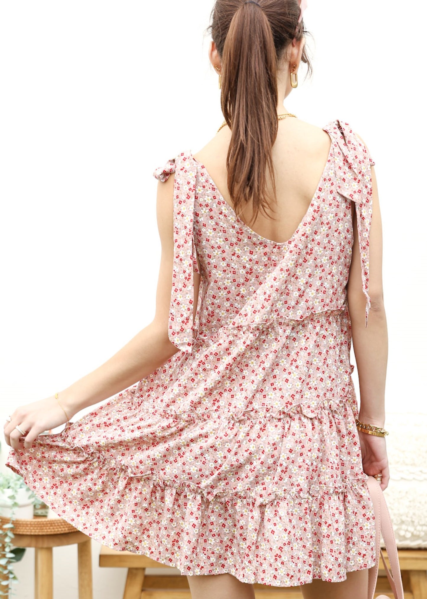Tie Shoulder Floral Ruffle Tiered Dress