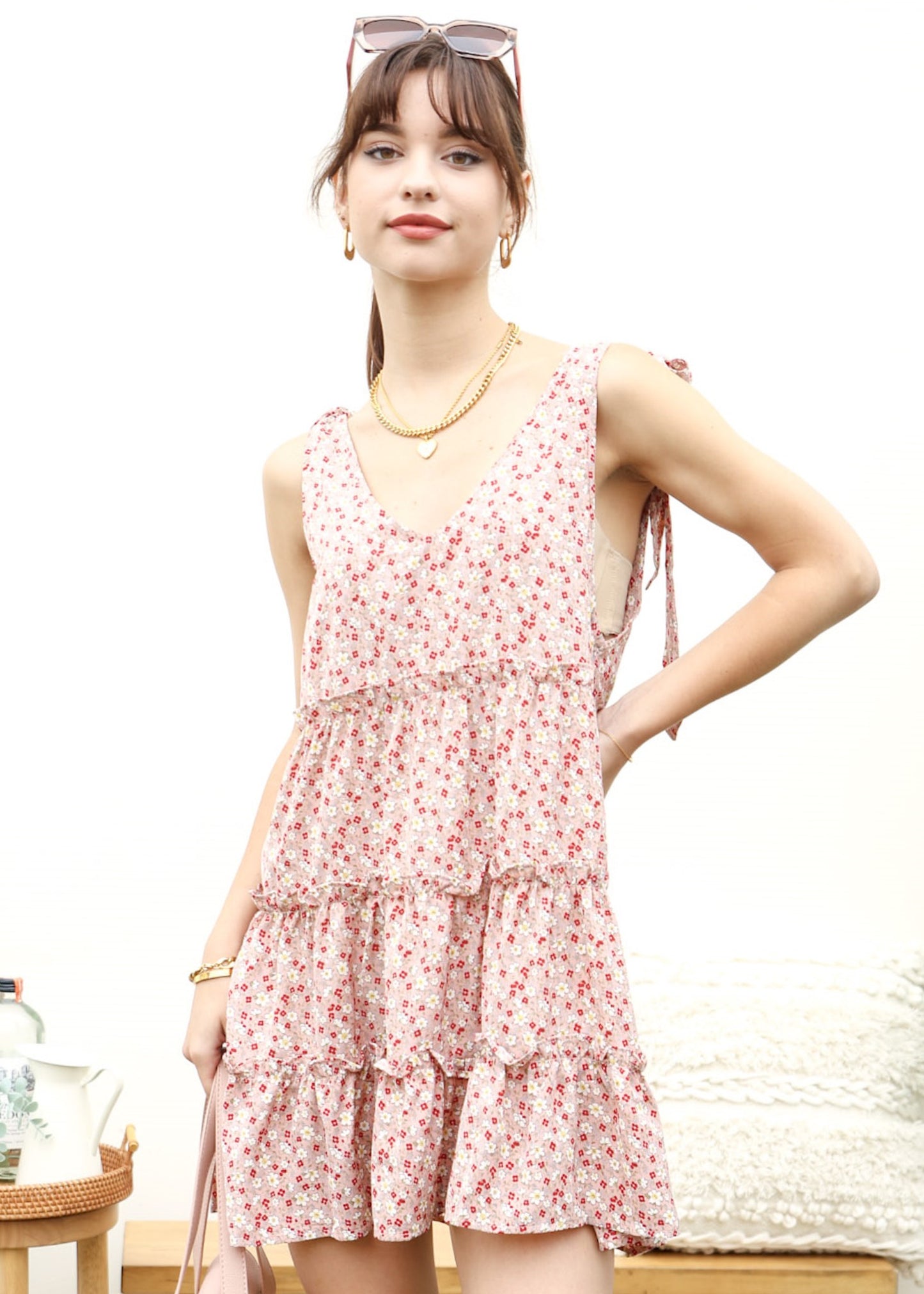 Tie Shoulder Floral Ruffle Tiered Dress