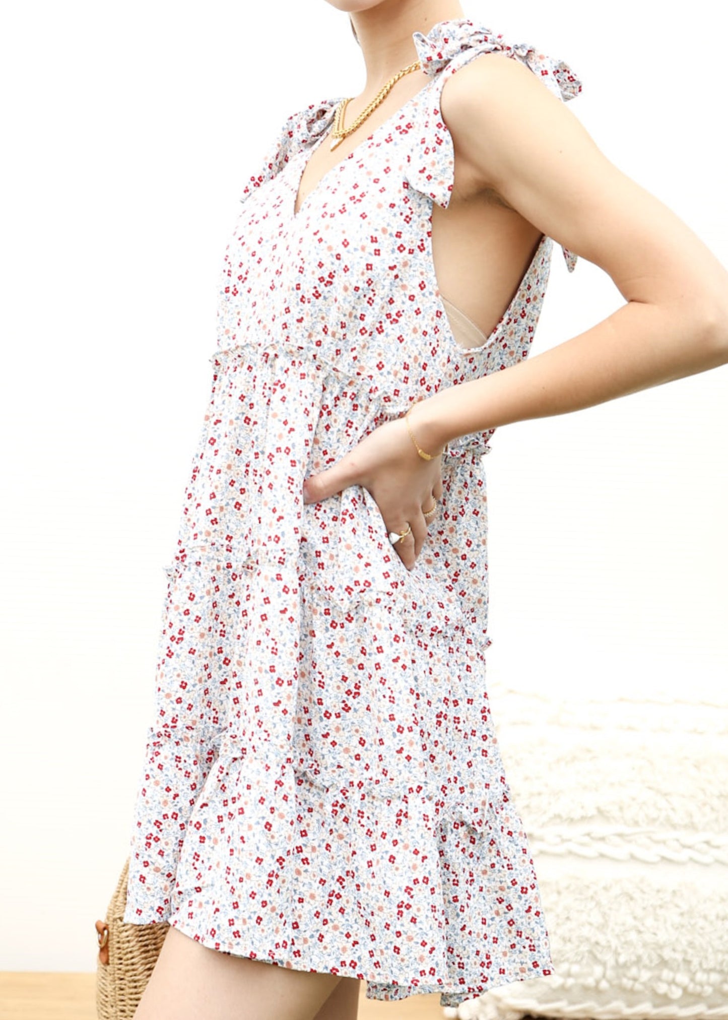 Tie Shoulder Floral Ruffle Tiered Dress