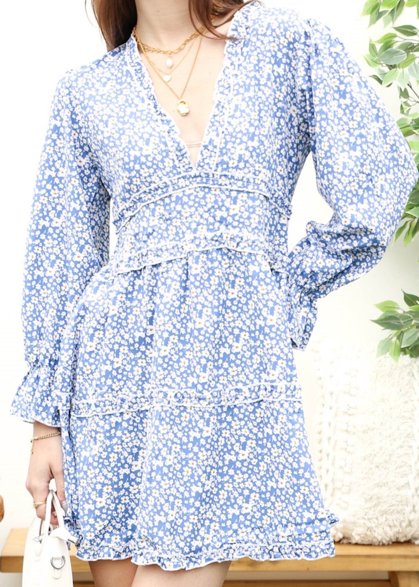 Ruffle Plunge Neck Floral Dress