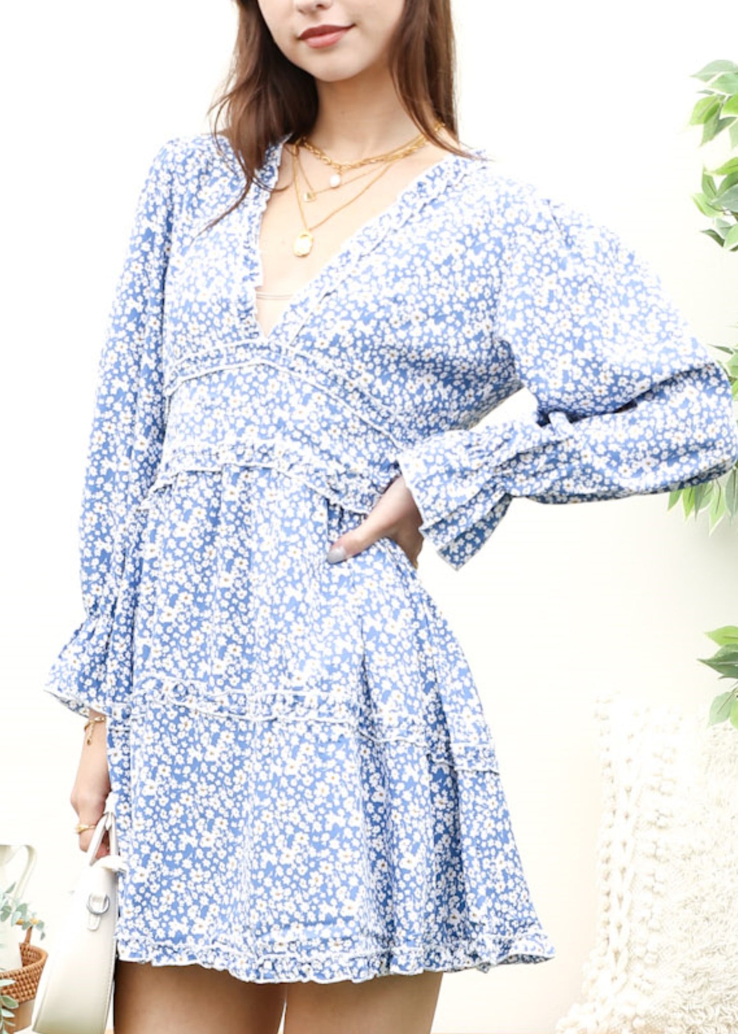 Ruffle Plunge Neck Floral Dress