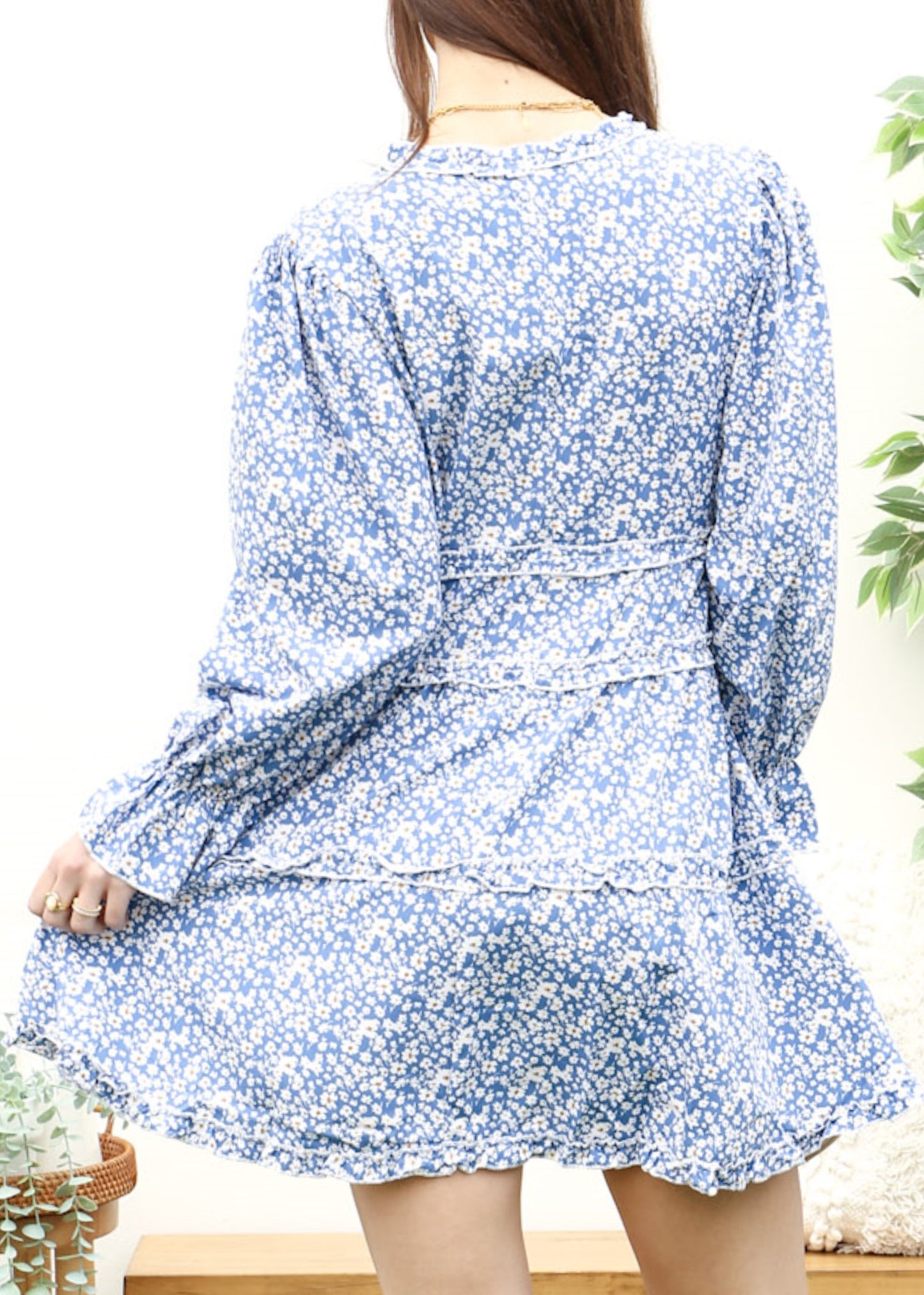 Ruffle Plunge Neck Floral Dress