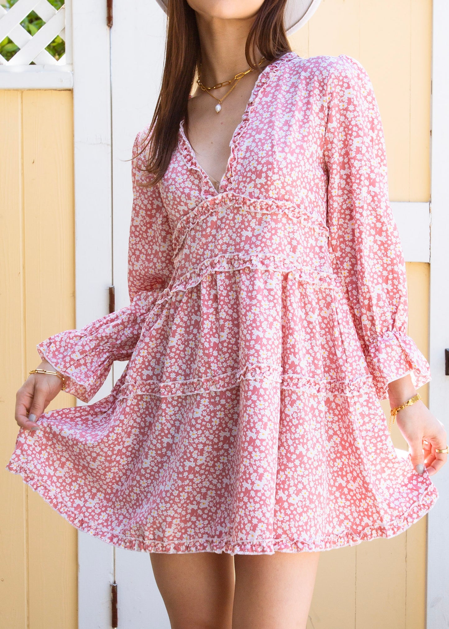 Ruffle Plunge Neck Floral Dress