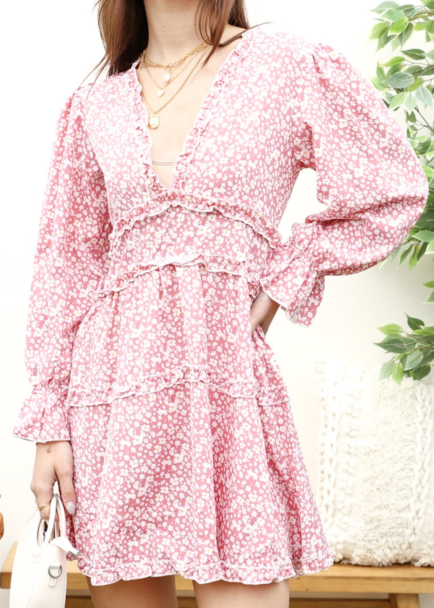 Ruffle Plunge Neck Floral Dress