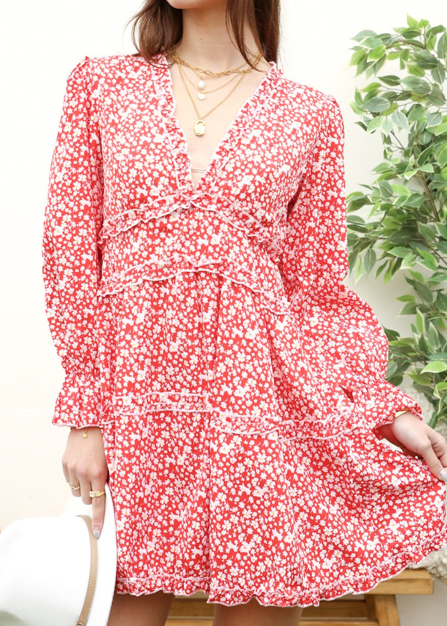 Ruffle Plunge Neck Floral Dress