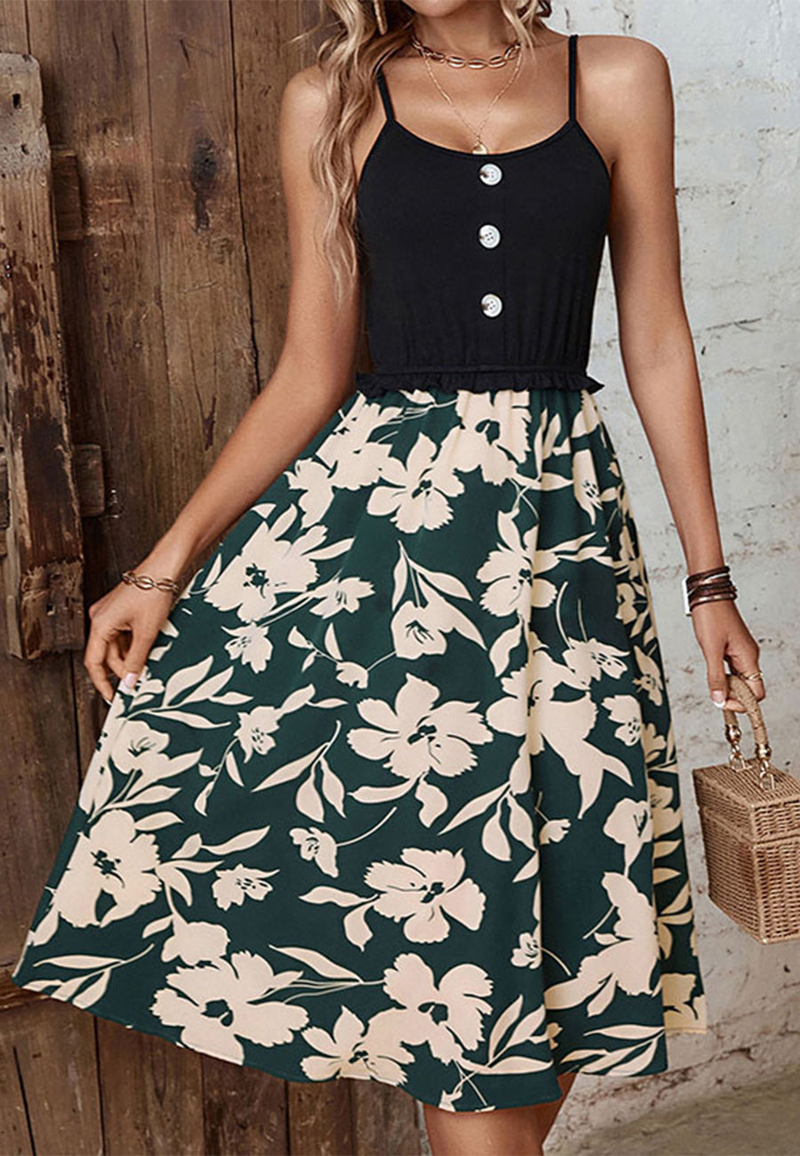 Contrast Button Floral Dress