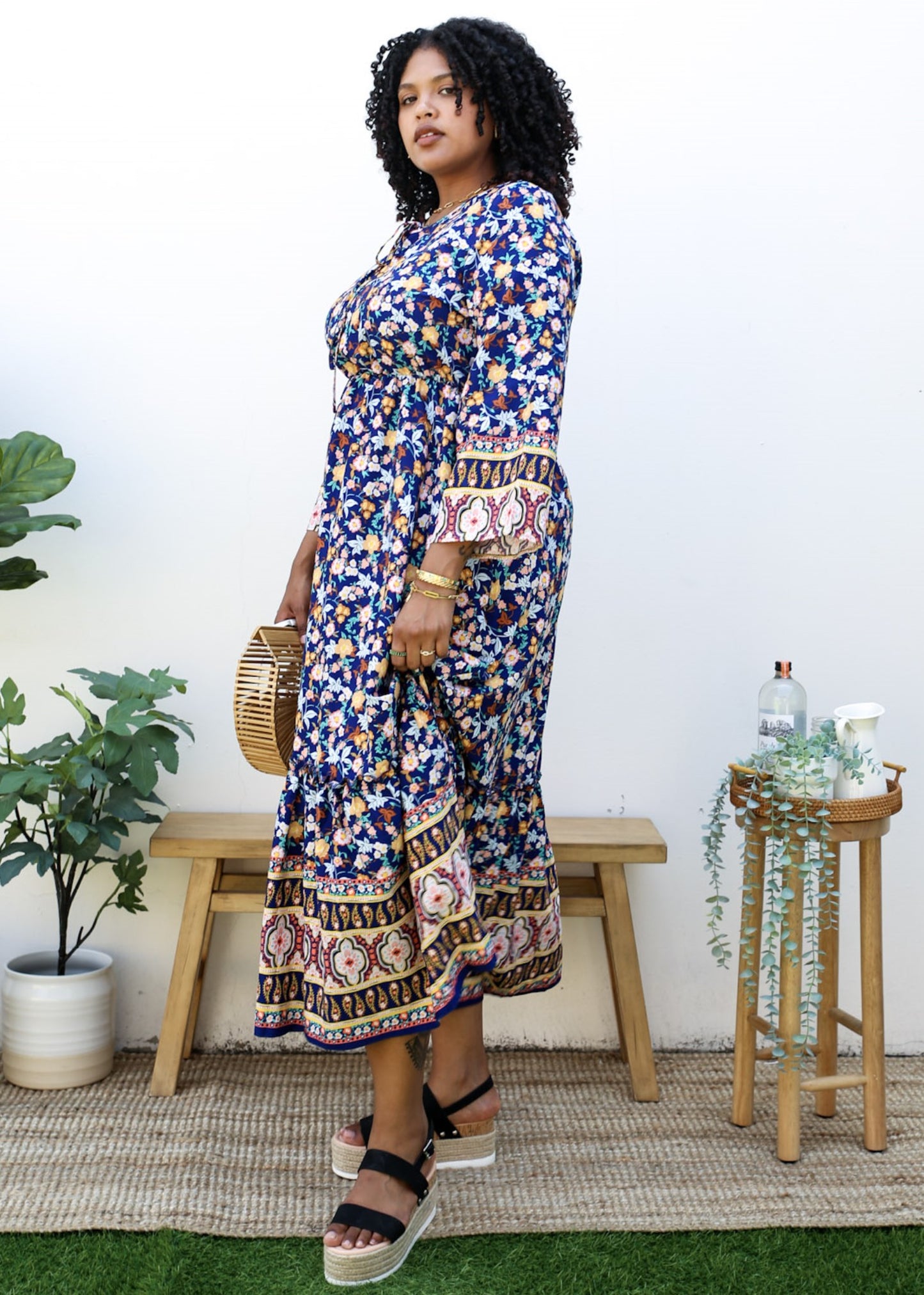 Vestido largo con estampado de cachemira, talle imperio, estilo bohemio y floral, talla grande