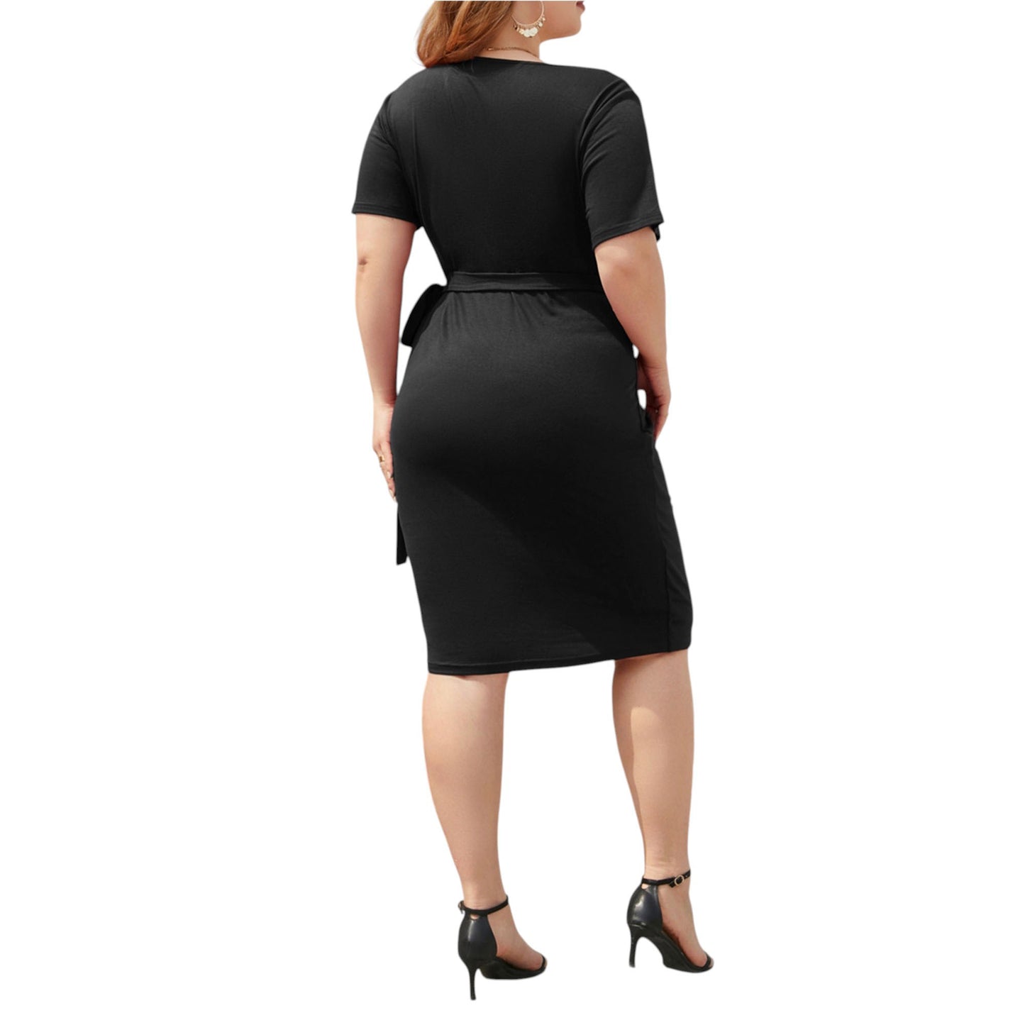 Anna-Kaci Women's Plus Size Short Sleeve V-Neck Faux Wrap Dress with Side Tie and Draped Skirt