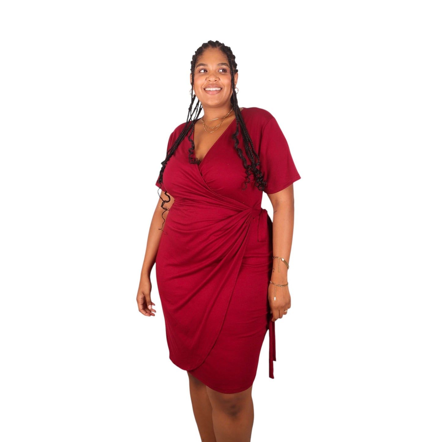 Anna-Kaci Women's Plus Size Short Sleeve V-Neck Faux Wrap Dress with Side Tie and Draped Skirt