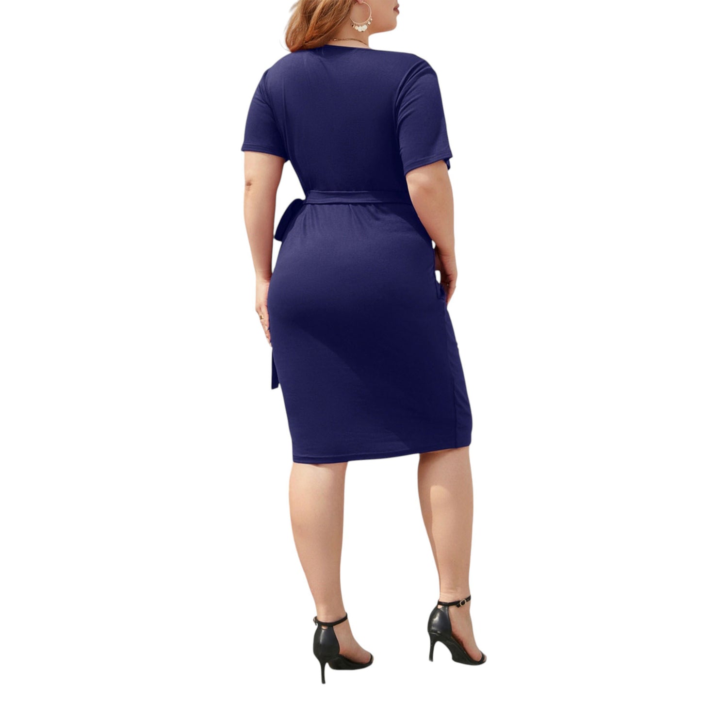 Anna-Kaci Women's Plus Size Short Sleeve V-Neck Faux Wrap Dress with Side Tie and Draped Skirt