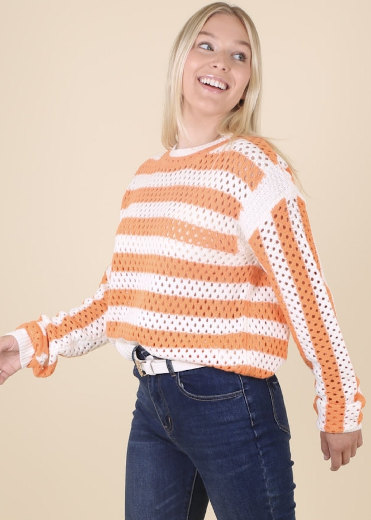 Two Tone Striped Crochet Net Sweater