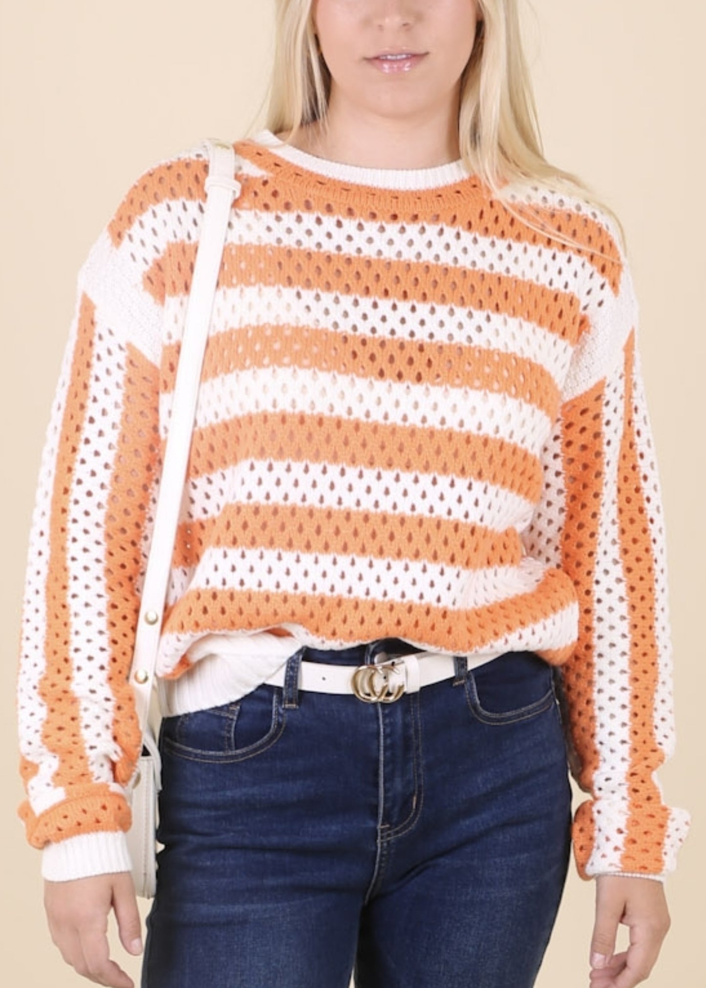 Two Tone Striped Crochet Net Sweater