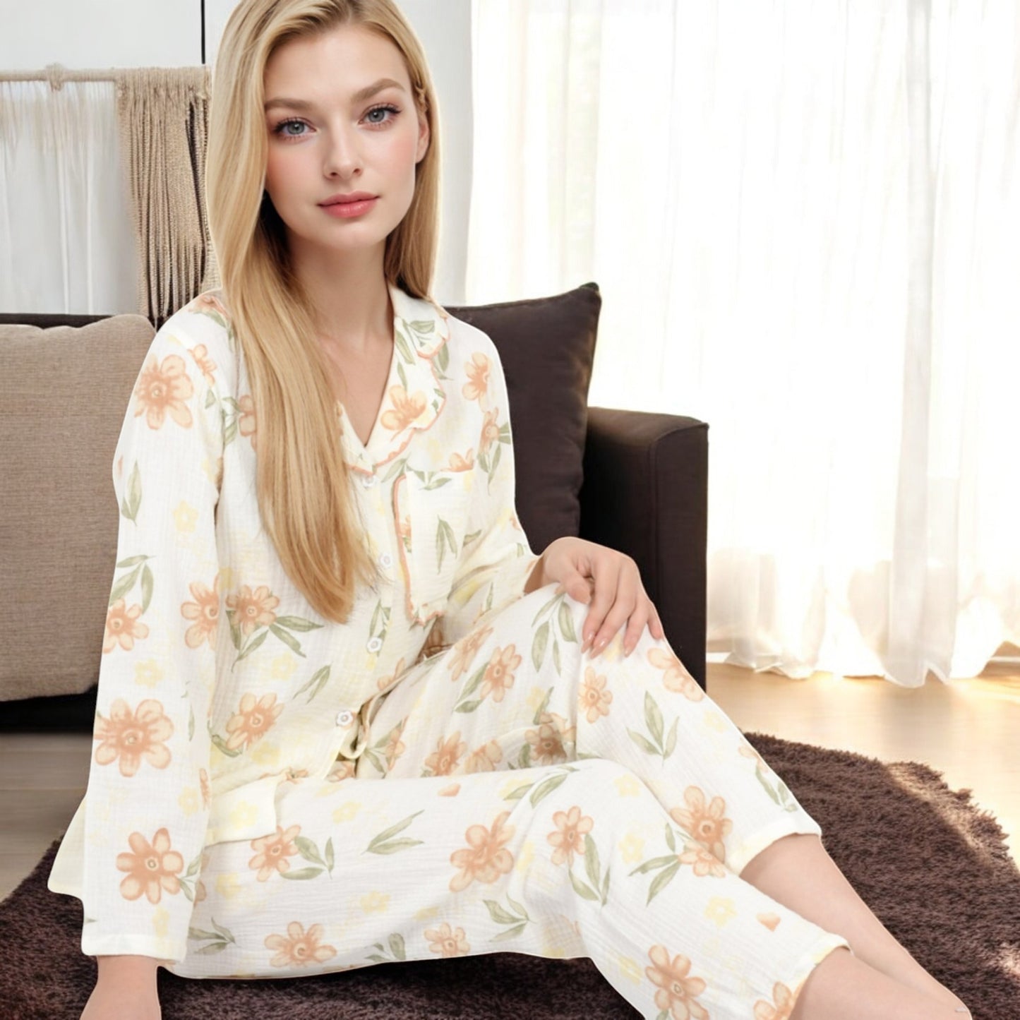 Anna-Kaci Women's Floral Print 2-Piece Pajama Set with Long Sleeve Button-Up Top and Relaxed Fit Pants