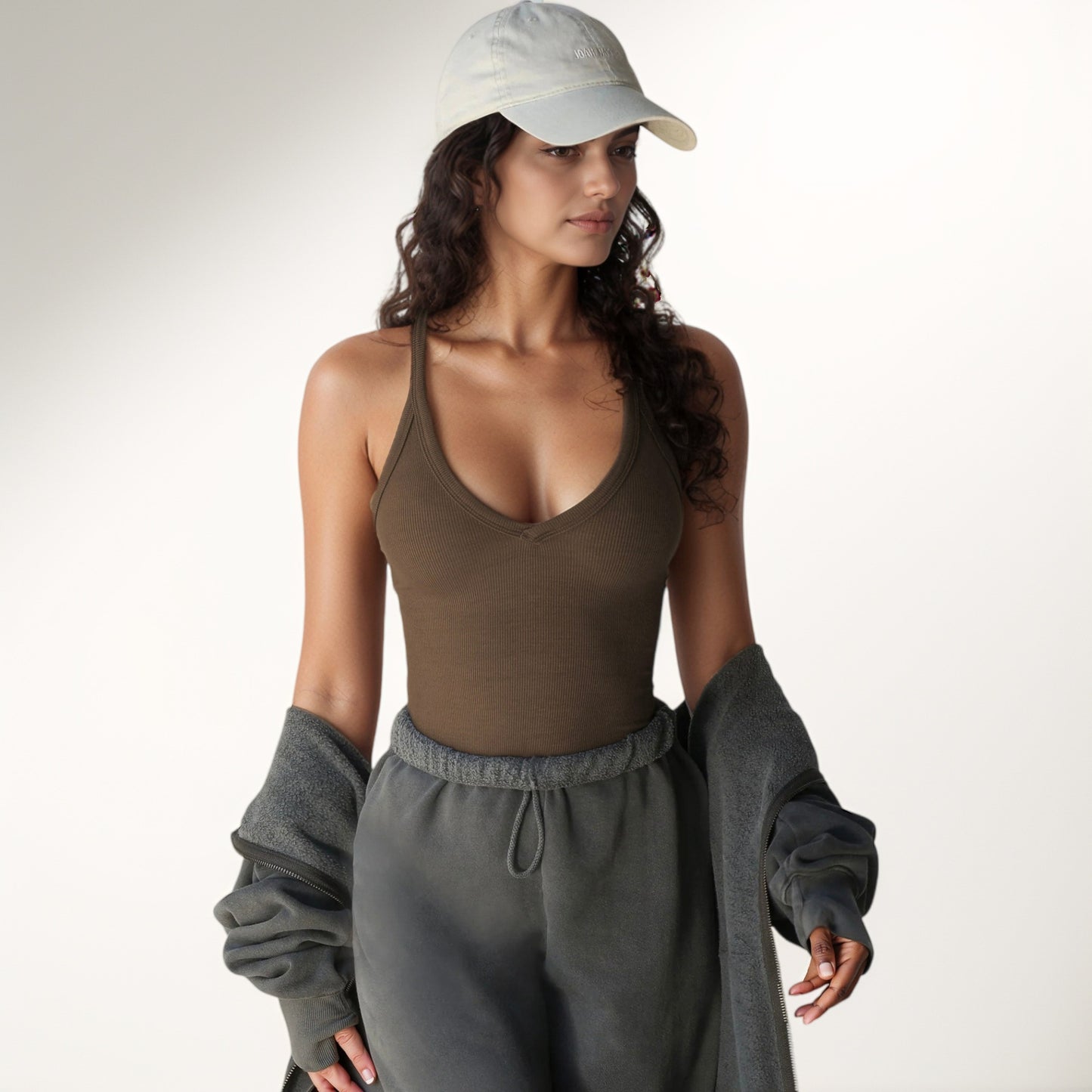 Anna-Kaci Active Women's Deep V-Neck Ribbed Knit Tank Top with Slim Fit and Adjustable Strap Detail