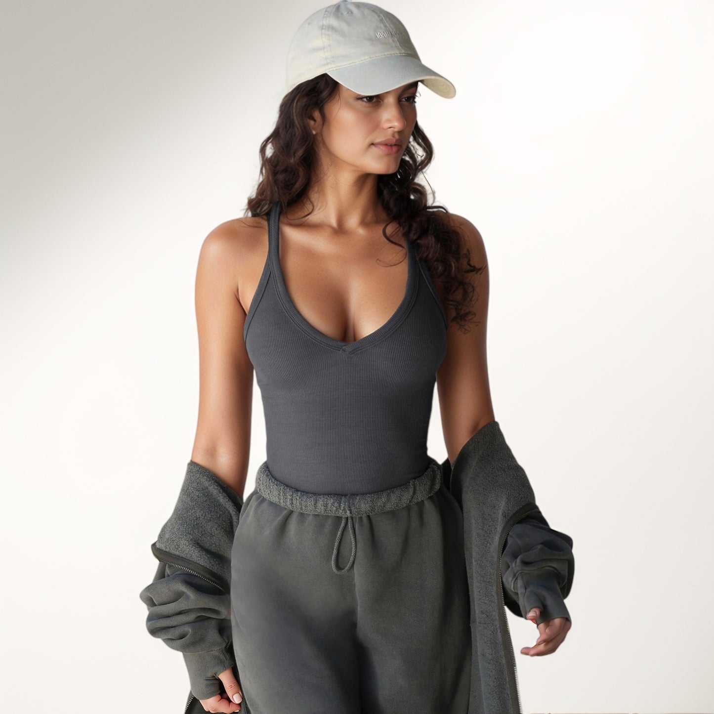 Anna-Kaci Active Women's Deep V-Neck Ribbed Knit Tank Top with Slim Fit and Adjustable Strap Detail
