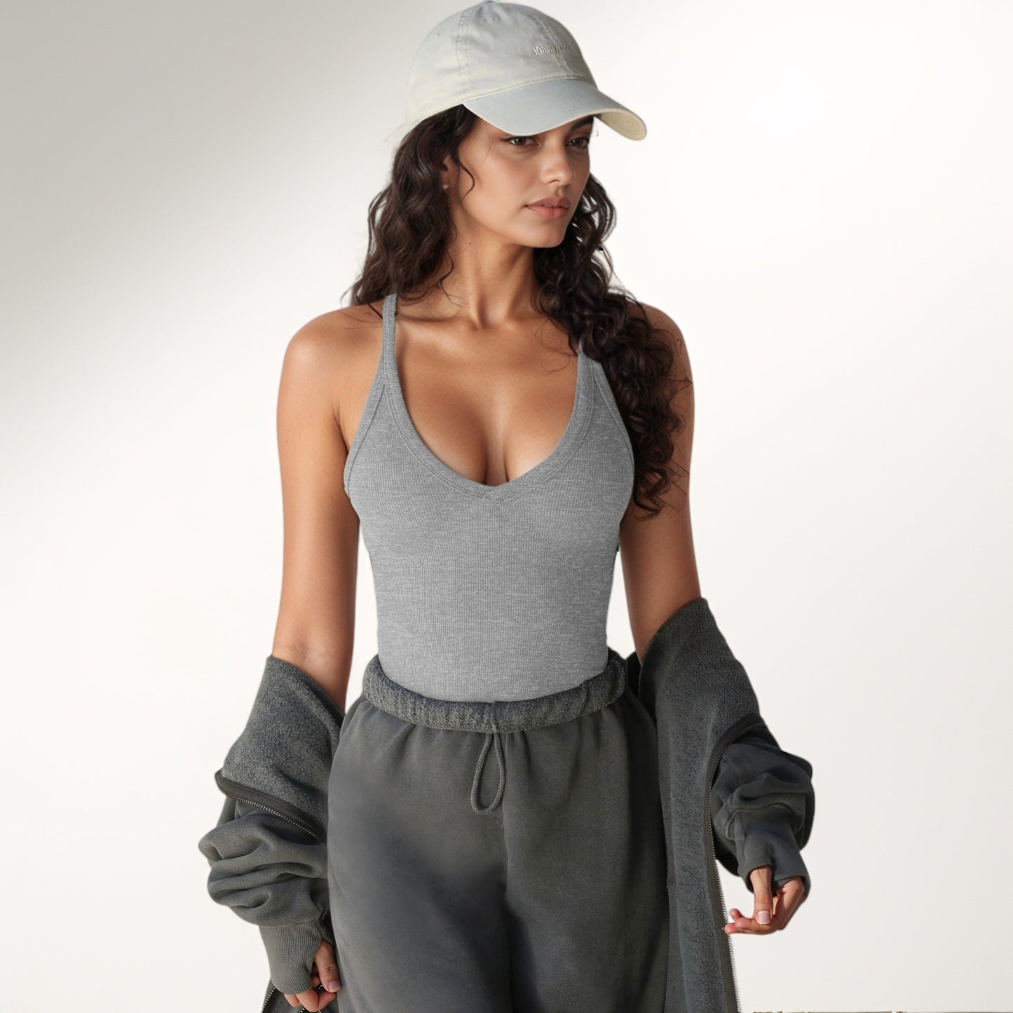 Anna-Kaci Active Women's Ribbed Knit Deep V Neck Tank Top with Seamless Design and Stretch Fit