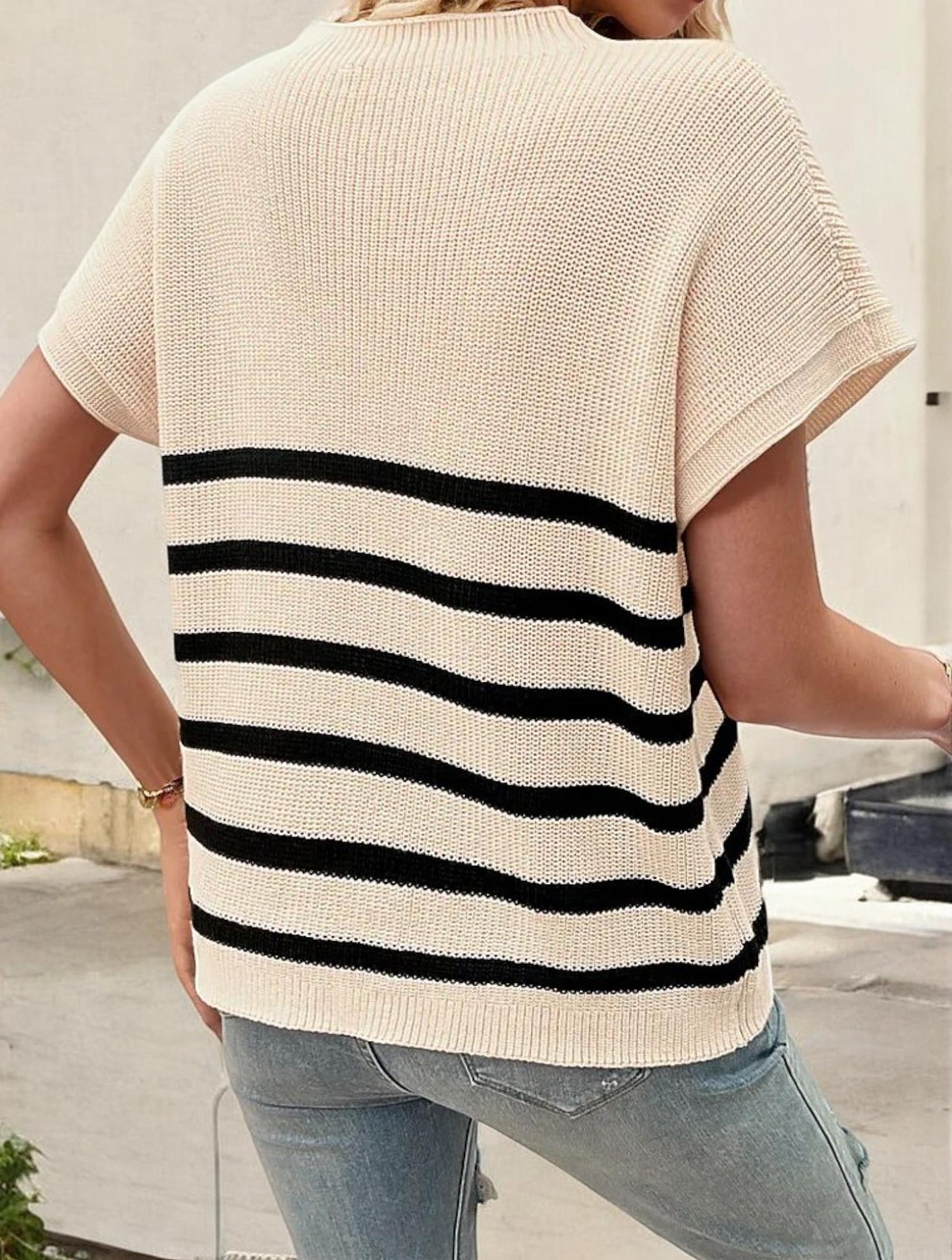 Women's Short Sleeve Striped Knit Top with Front Pocket and Ribbed Detailing