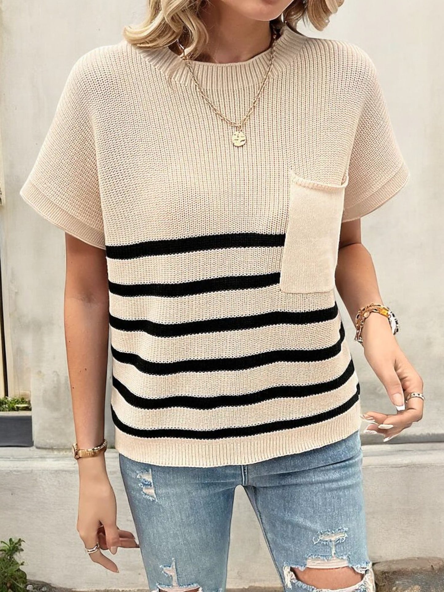 Women's Short Sleeve Striped Knit Top with Front Pocket and Ribbed Detailing