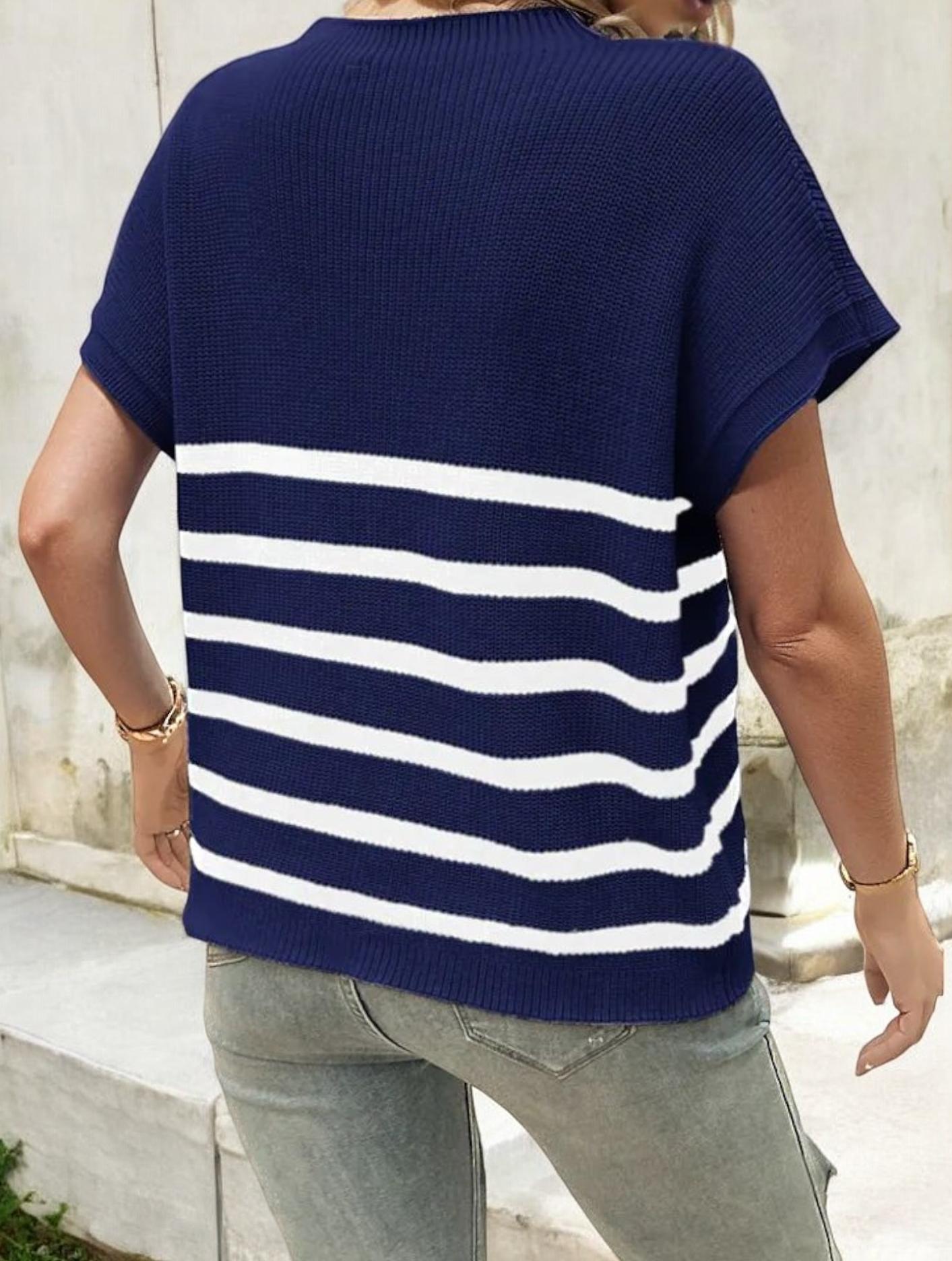 Women's Short Sleeve Striped Knit Top with Front Pocket and Ribbed Detailing
