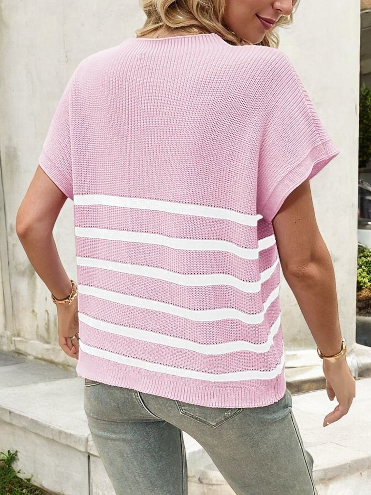 Women's Short Sleeve Striped Knit Top with Front Pocket and Ribbed Detailing