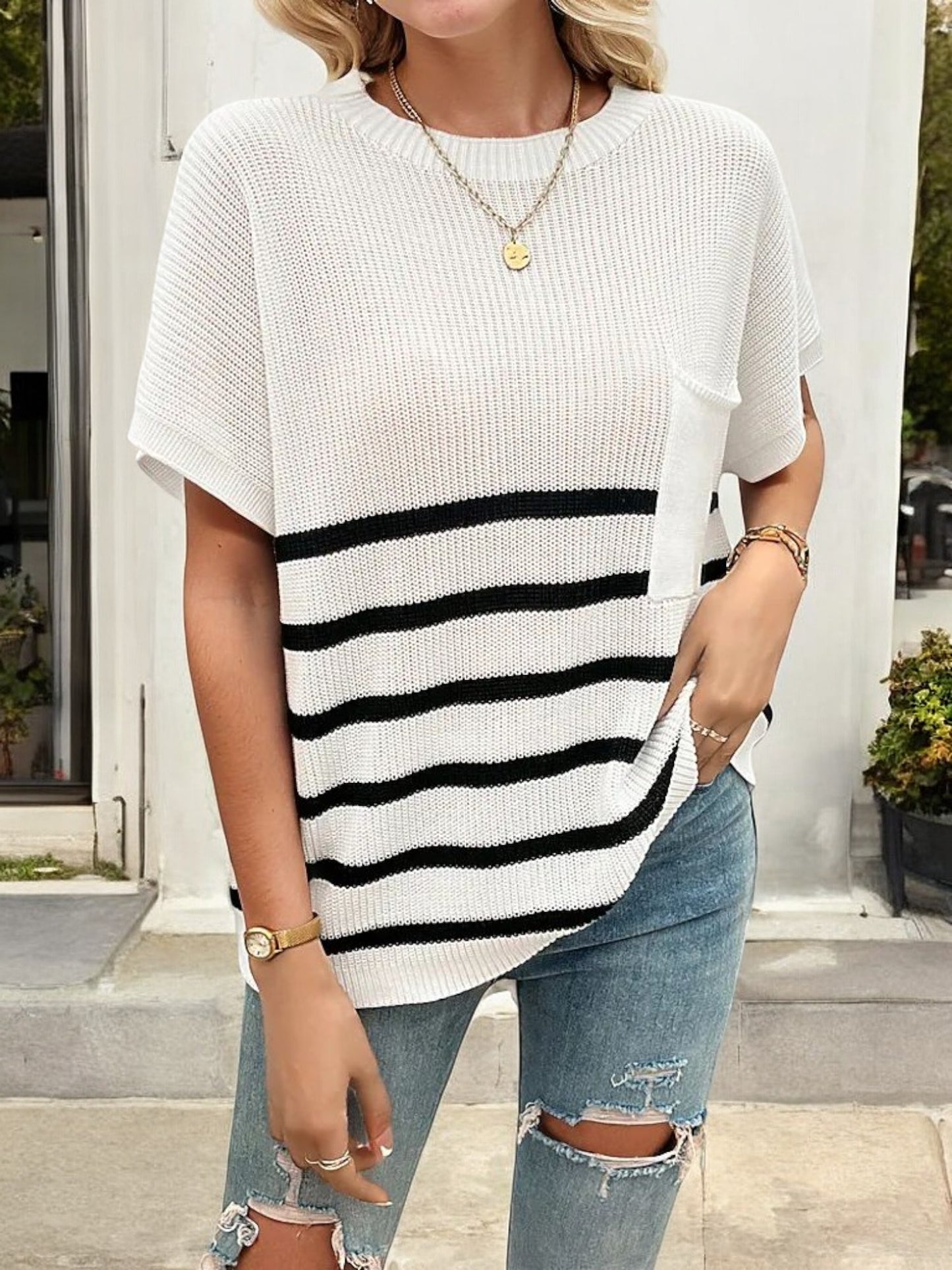 Women's Short Sleeve Striped Knit Top with Front Pocket and Ribbed Detailing