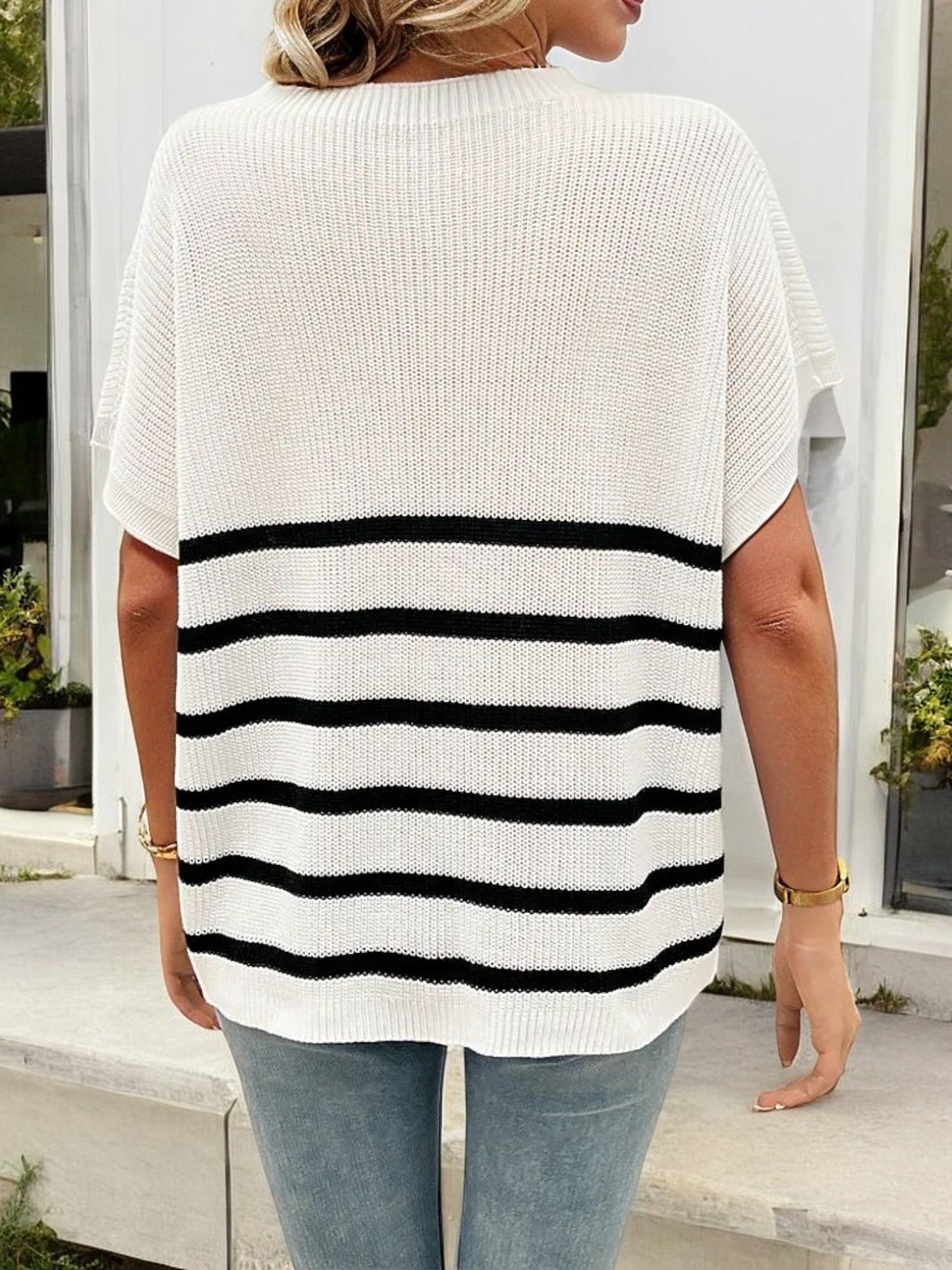 Women's Short Sleeve Striped Knit Top with Front Pocket and Ribbed Detailing