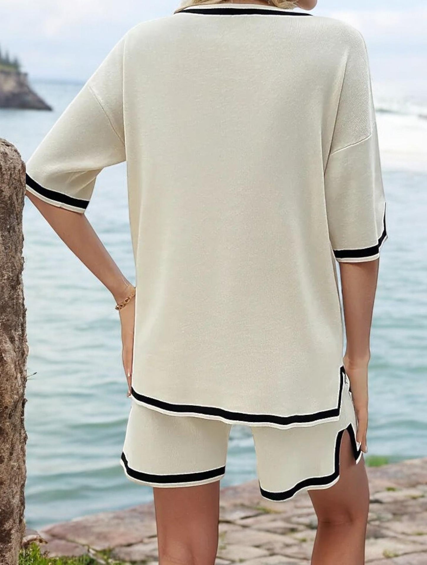 Anna-Kaci Women's V-Neck Short Sleeve Top and Drawstring Shorts Loungewear Set with Contrast Trim
