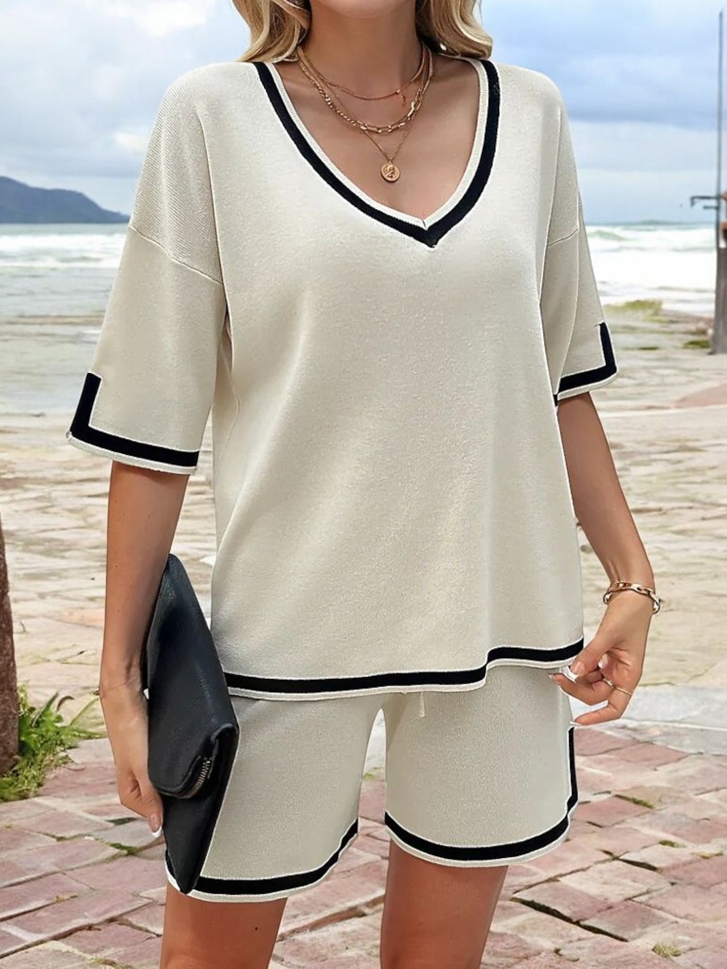 Anna-Kaci Women's V-Neck Short Sleeve Top and Drawstring Shorts Loungewear Set with Contrast Trim