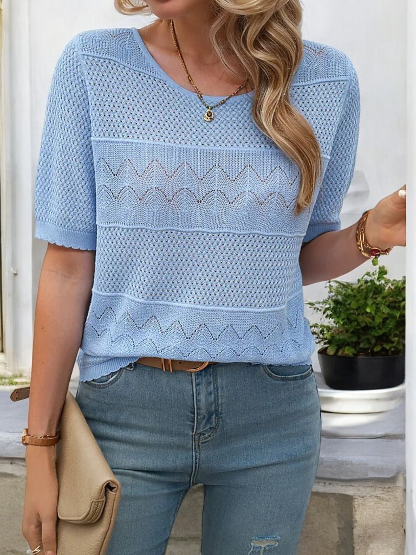 Women's Textured Knit Top with Short Sleeves and Subtle Chevron Pattern
