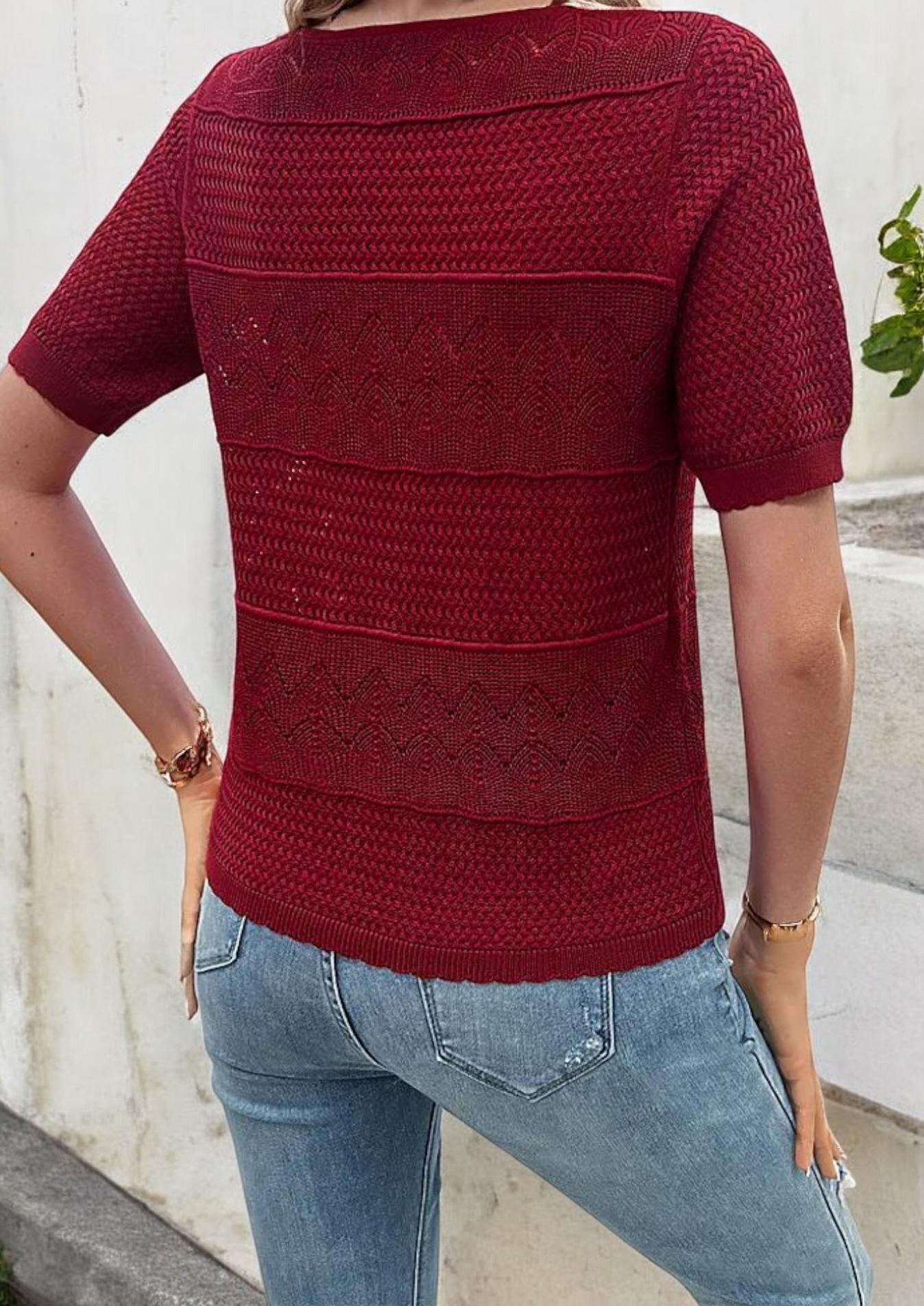Women's Textured Knit Top with Short Sleeves and Subtle Chevron Pattern