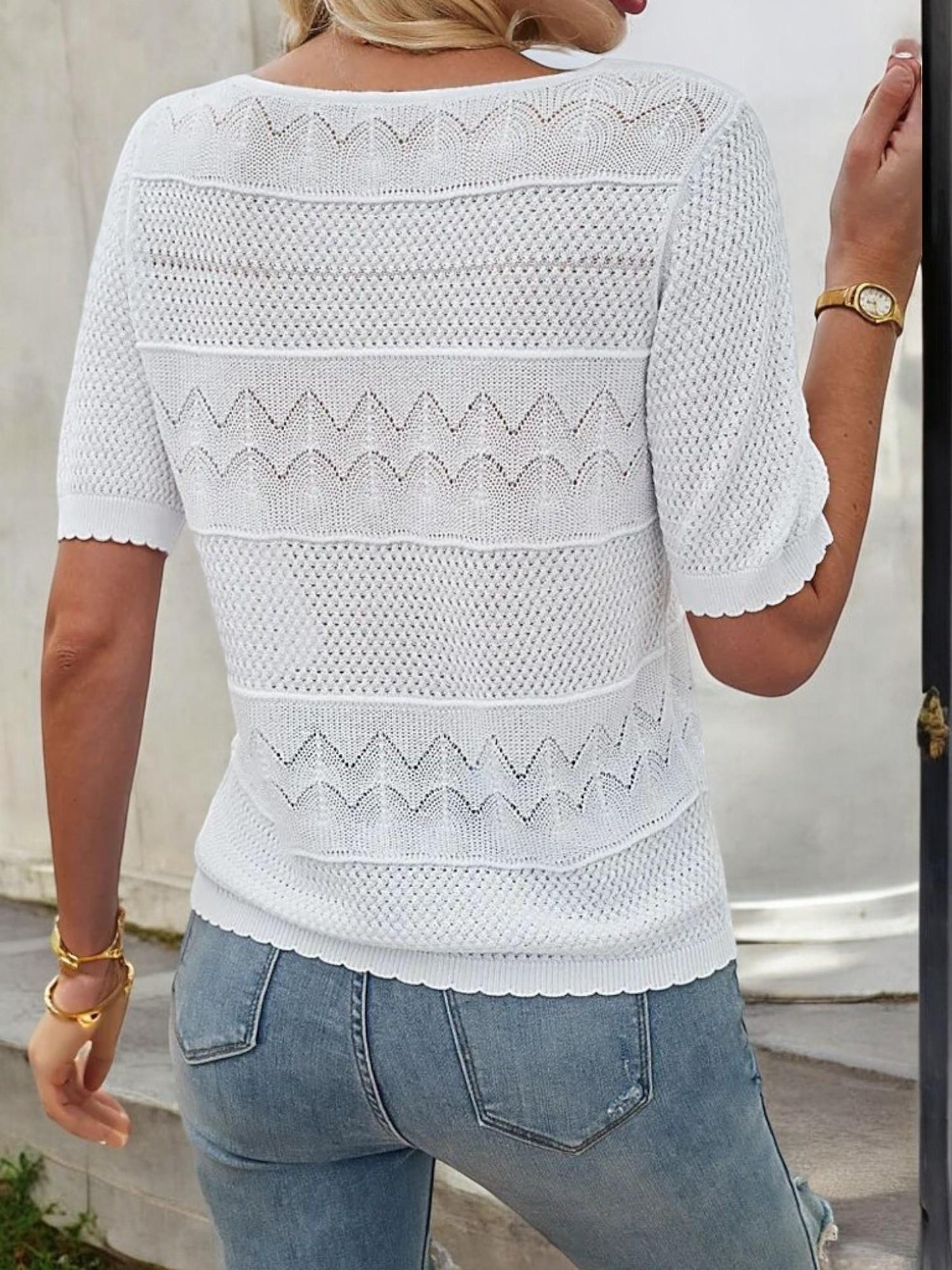 Women's Textured Knit Top with Short Sleeves and Subtle Chevron Pattern