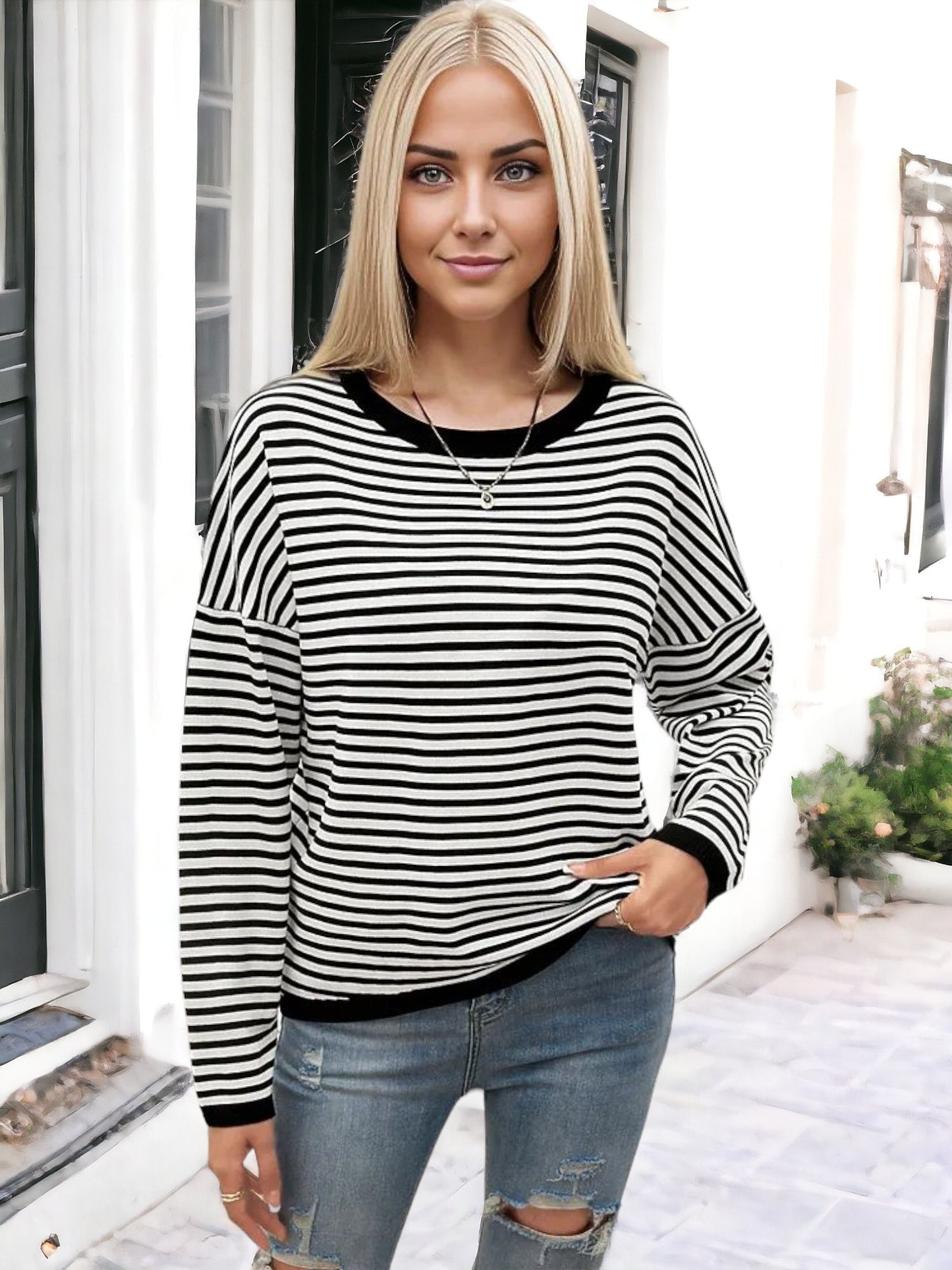 Anna-Kaci Women's Striped Long Sleeve Pullover with Ribbed Cuffs and Relaxed Fit