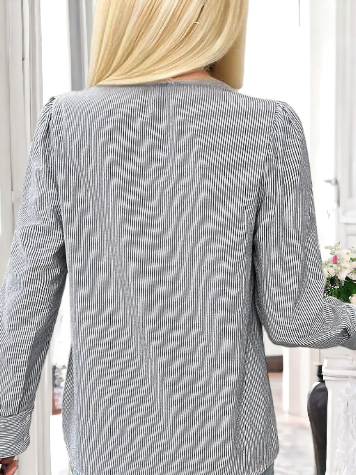Anna-Kaci Women's Striped Button-Down Blouse with Lace Trim and Ruffle Detail