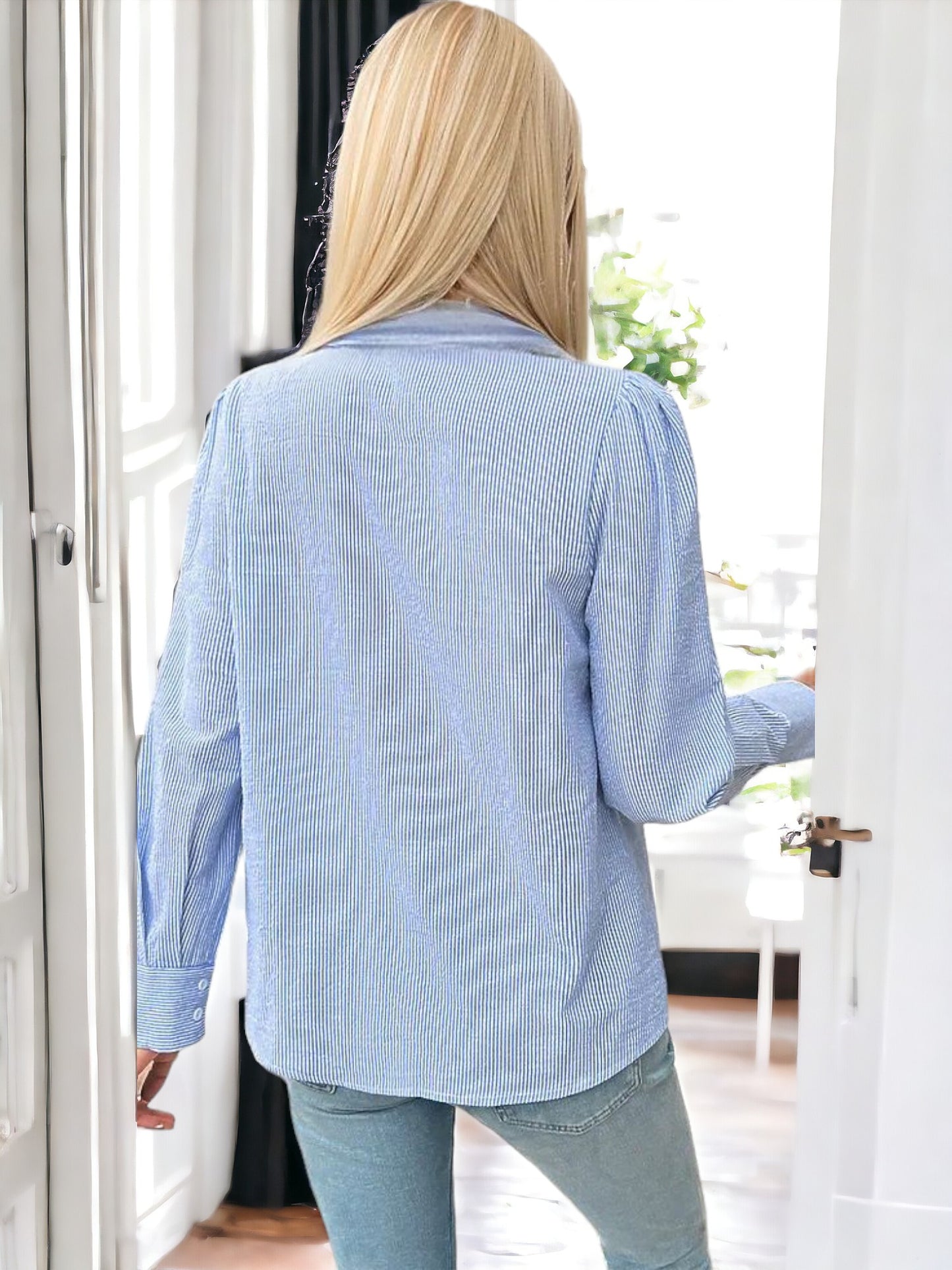 Anna-Kaci Women's Striped Button-Down Blouse with Lace Trim and Ruffle Detail
