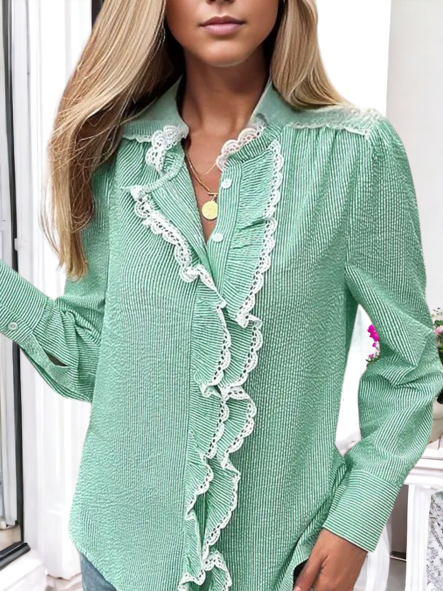 Anna-Kaci Women's Striped Button-Down Blouse with Lace Trim and Ruffle Detail