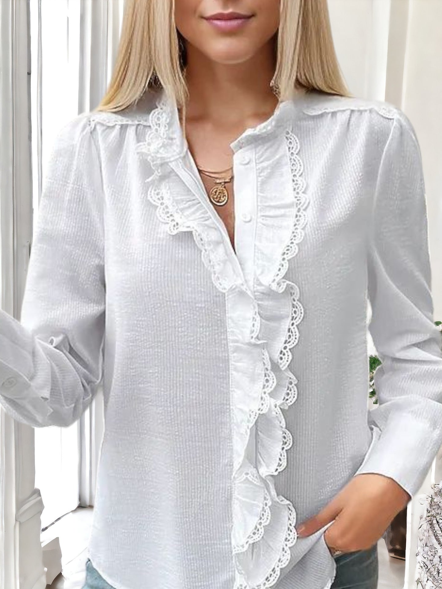 Anna-Kaci Women's Striped Button-Down Blouse with Lace Trim and Ruffle Detail