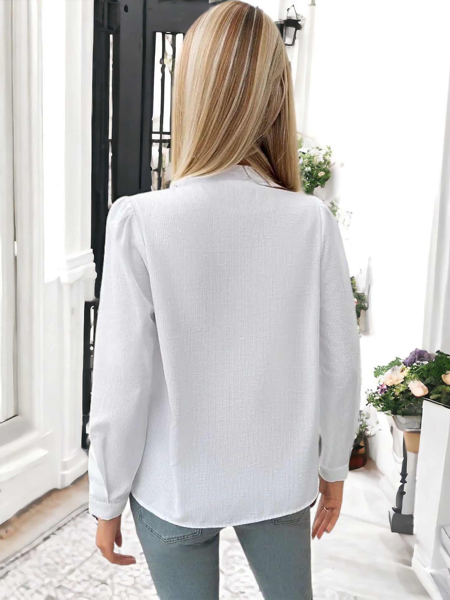 Anna-Kaci Women's Striped Button-Down Blouse with Lace Trim and Ruffle Detail