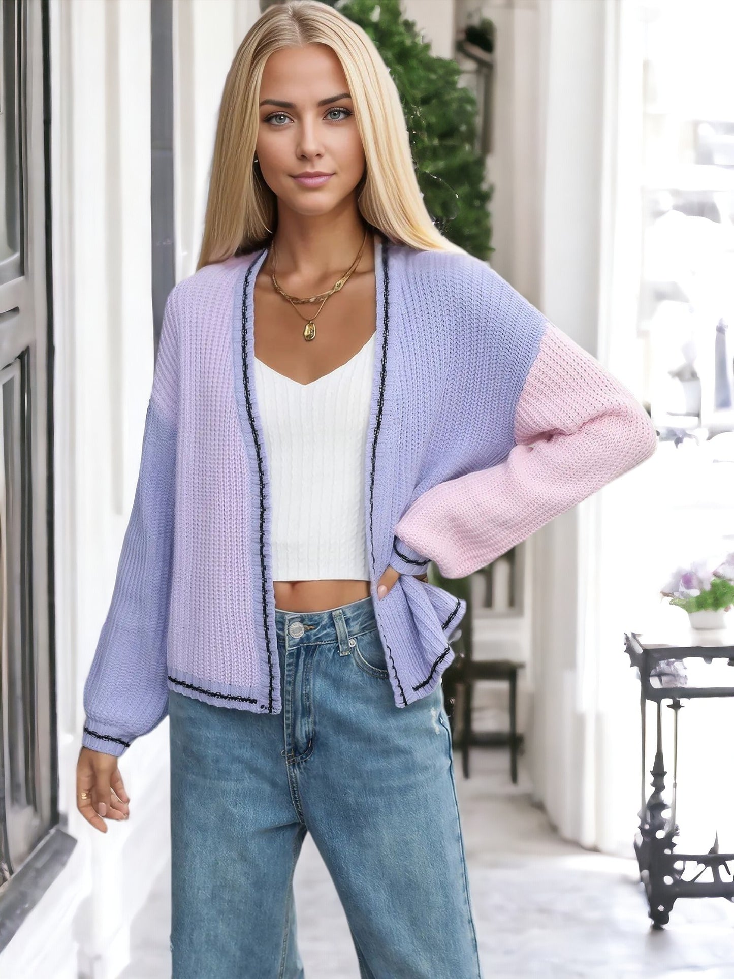 Anna-Kaci Women's Colorblock Knit Cardigan with Open Front and Long Sleeves