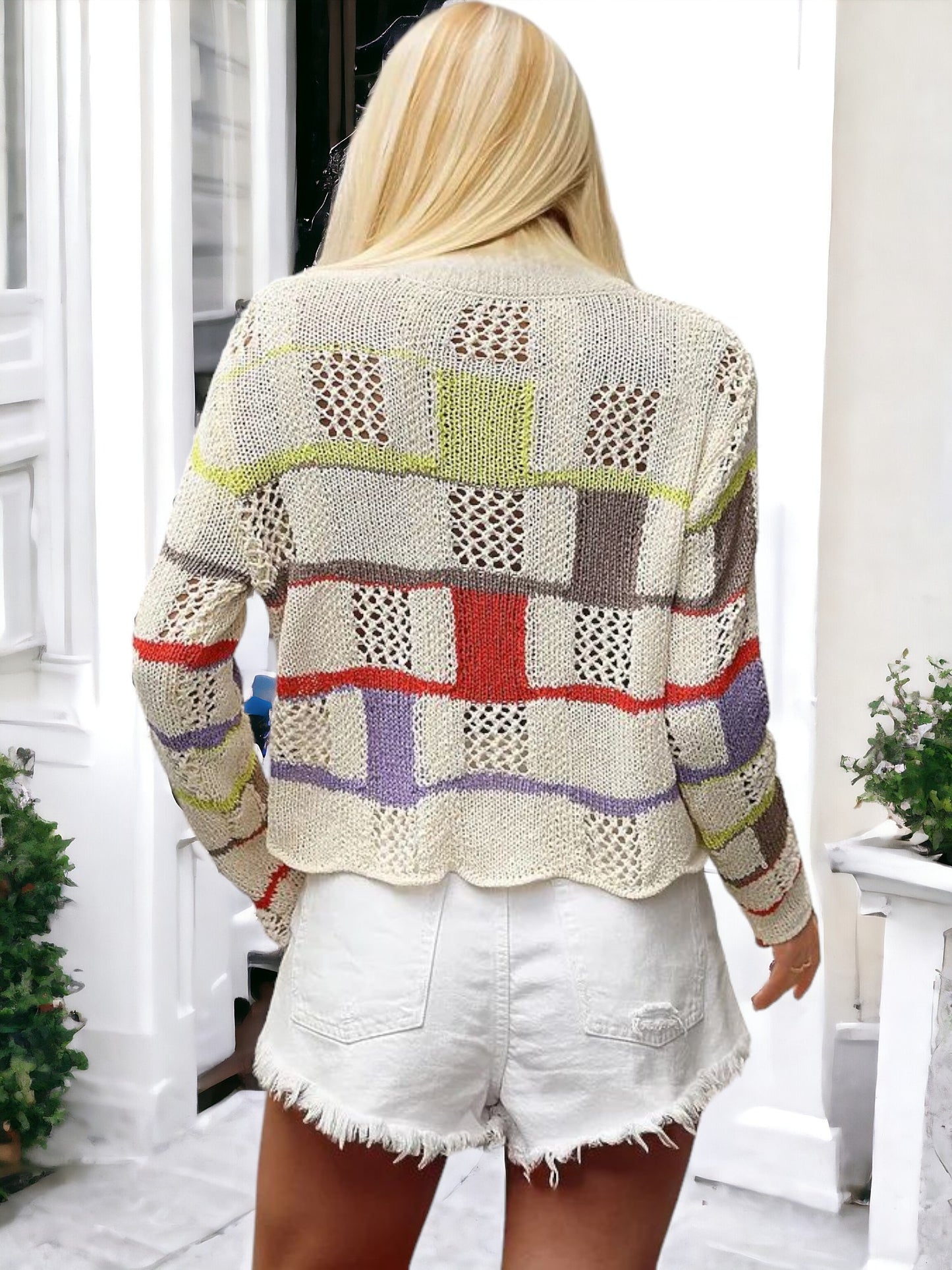 Anna-Kaci Women's Patchwork Knit Sweater with Colorful Geometric Design and Cropped Hem