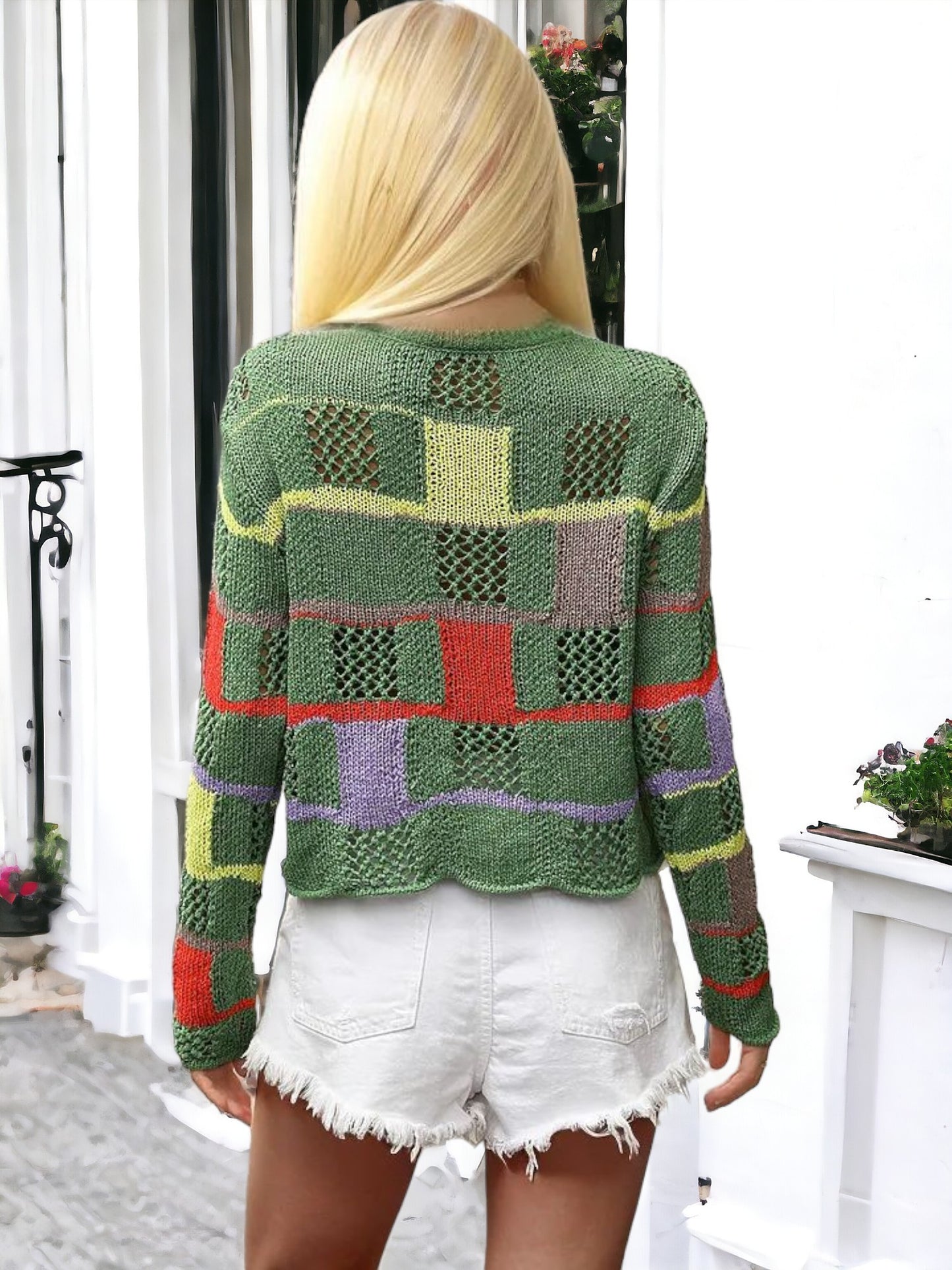 Anna-Kaci Women's Patchwork Knit Sweater with Colorful Geometric Design and Cropped Hem