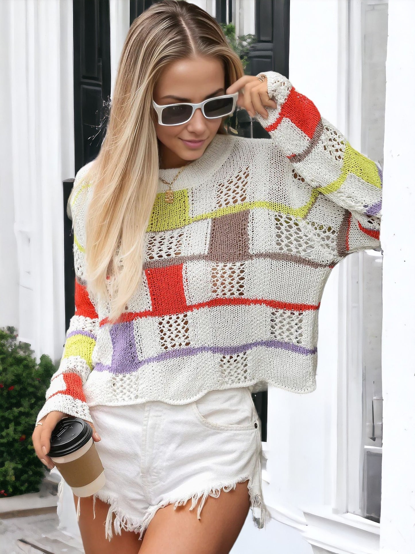 Anna-Kaci Women's Patchwork Knit Sweater with Colorful Geometric Design and Cropped Hem