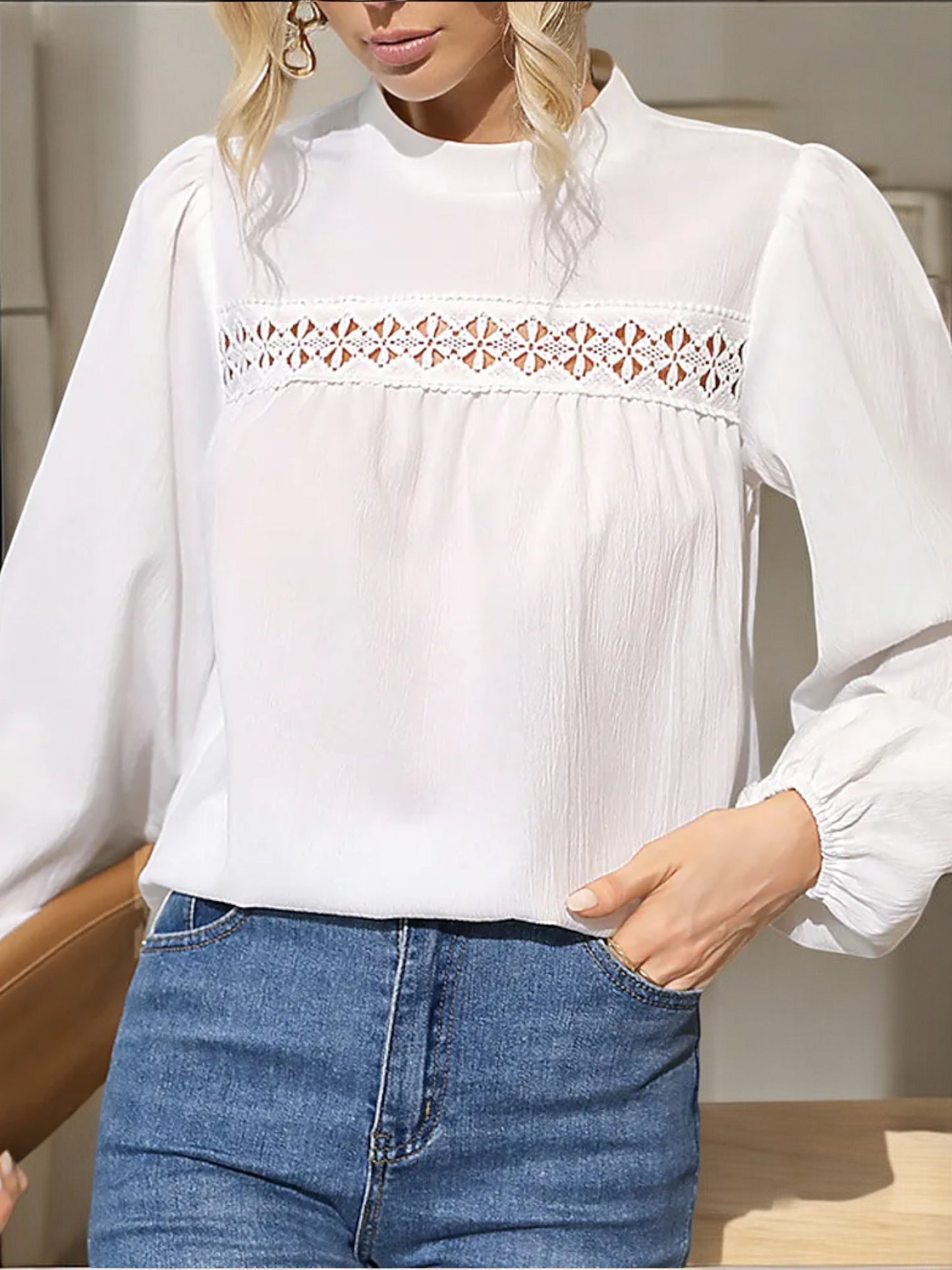 Anna-Kaci Women's Long Sleeve Blouse with Crochet Lace and High Neck