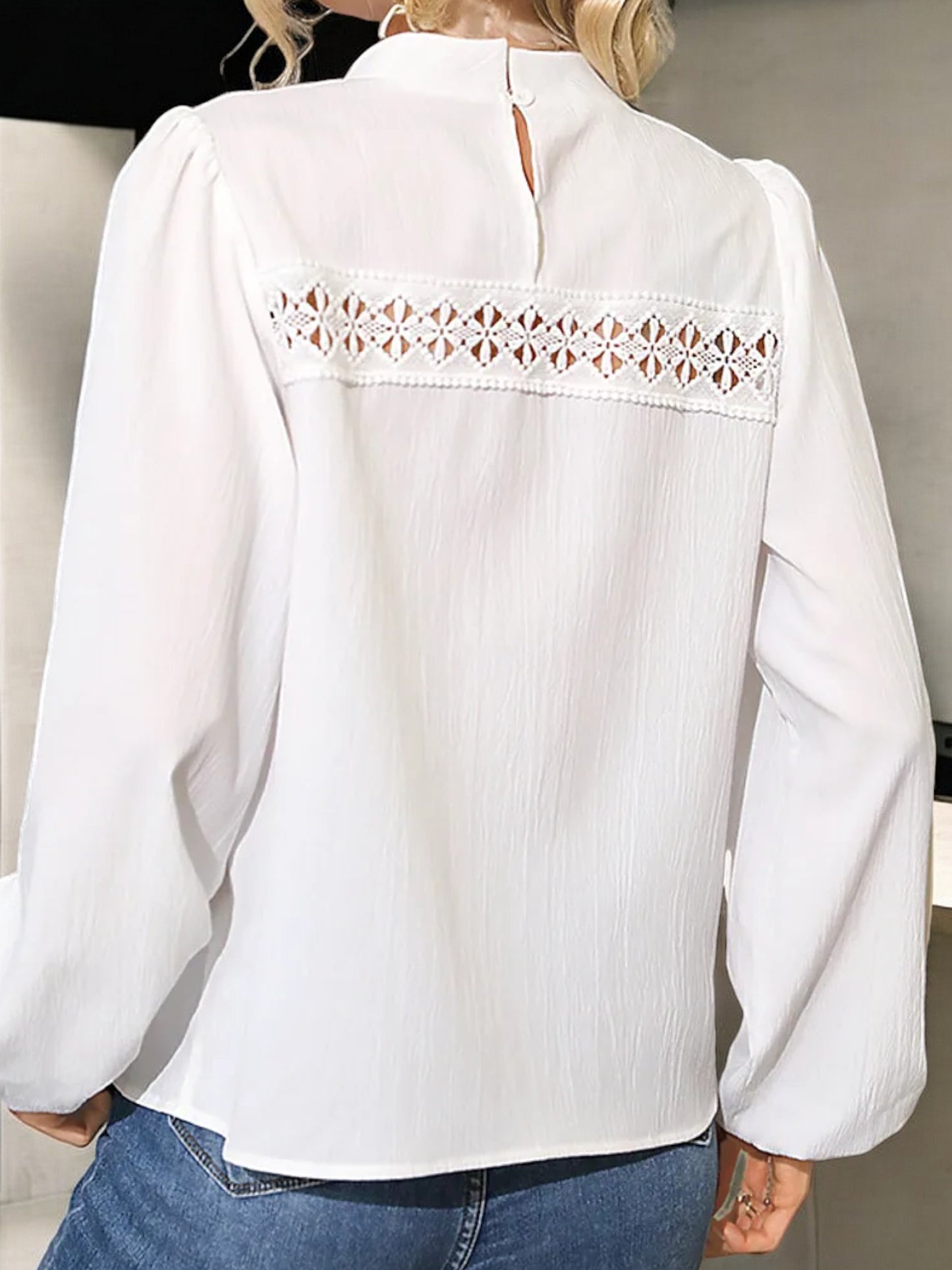 Anna-Kaci Women's Long Sleeve Blouse with Crochet Lace and High Neck