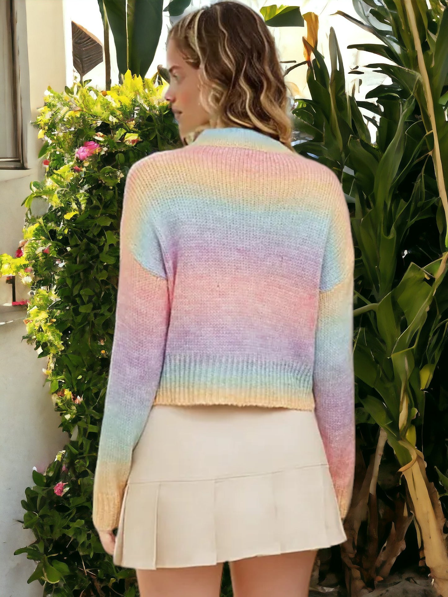 Anna-Kaci Women's Rainbow Knit Sweater with Cable Detail and Crew Neck