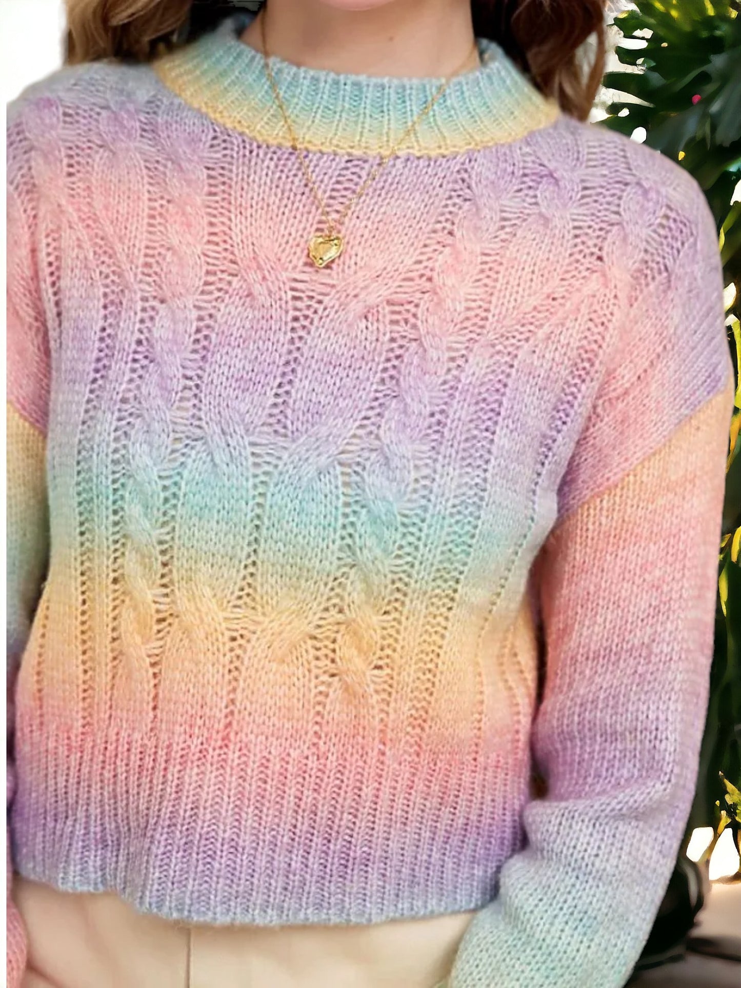 Anna-Kaci Women's Rainbow Knit Sweater with Cable Detail and Crew Neck