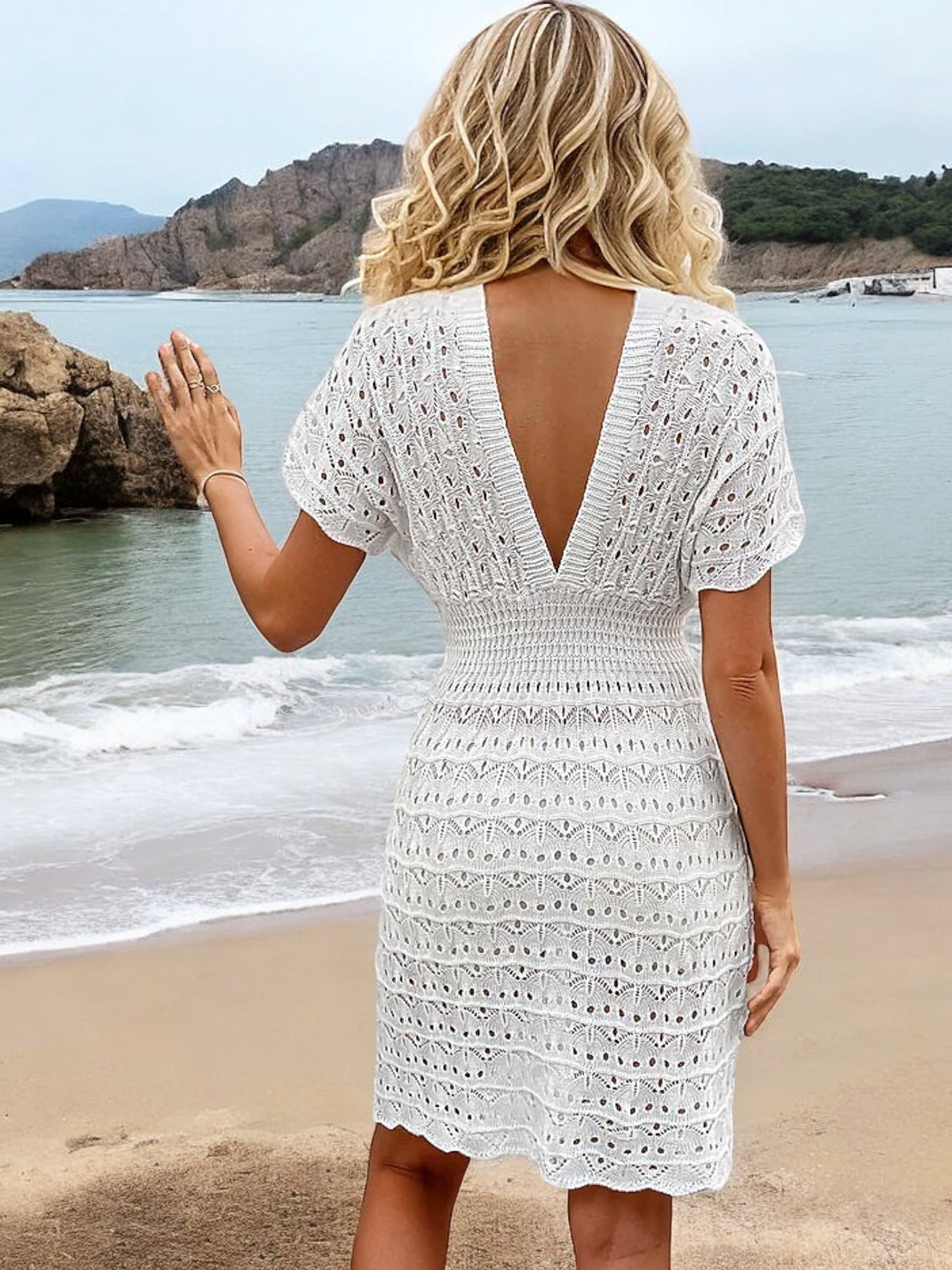 Anna-Kaci Women's Short Sleeve Crochet Knit Dress with V-Neck and Flared Hem