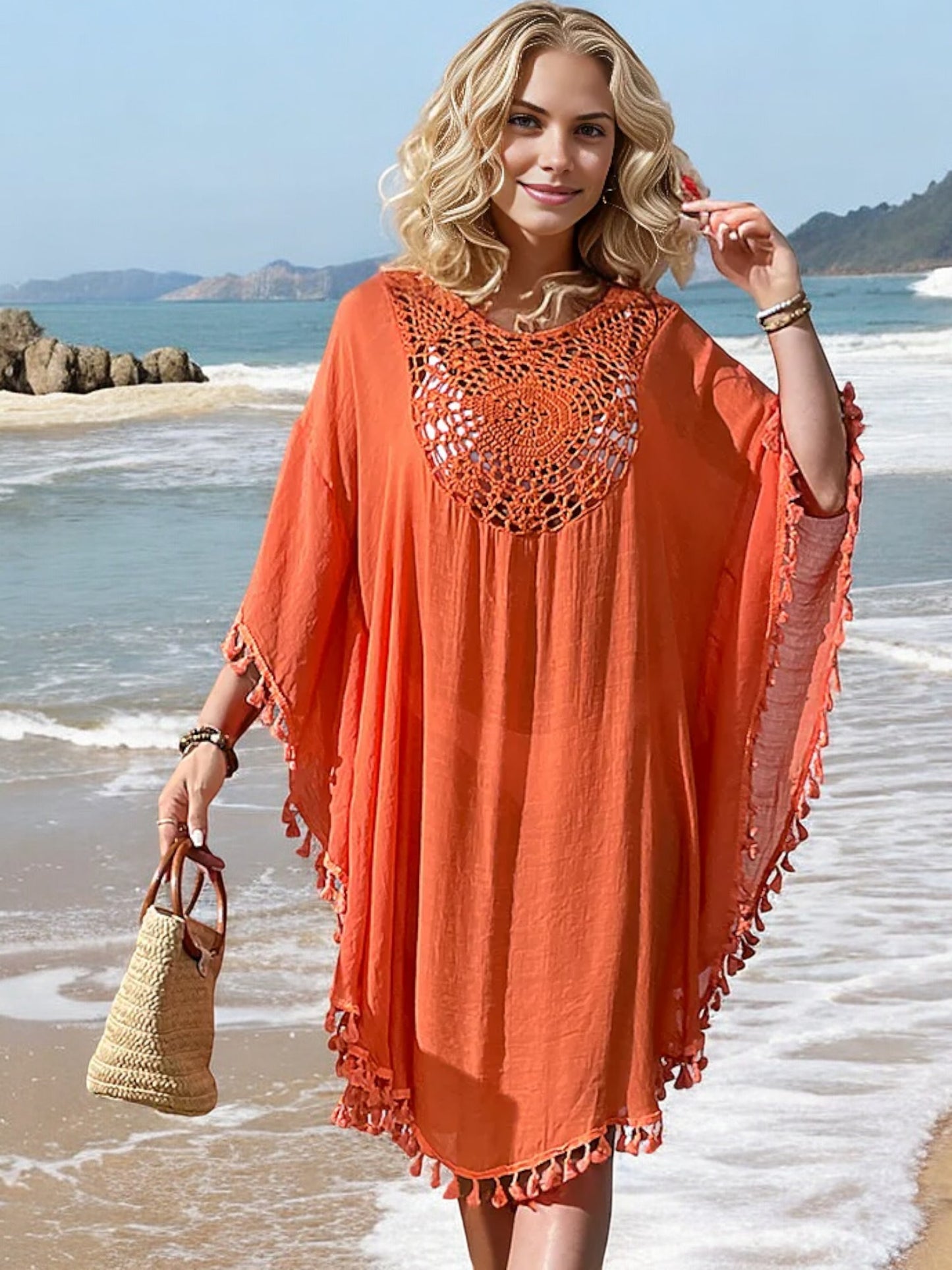 Anna-Kaci Women's Beach Cover-Up with Crochet Detailing and Tassel Trim